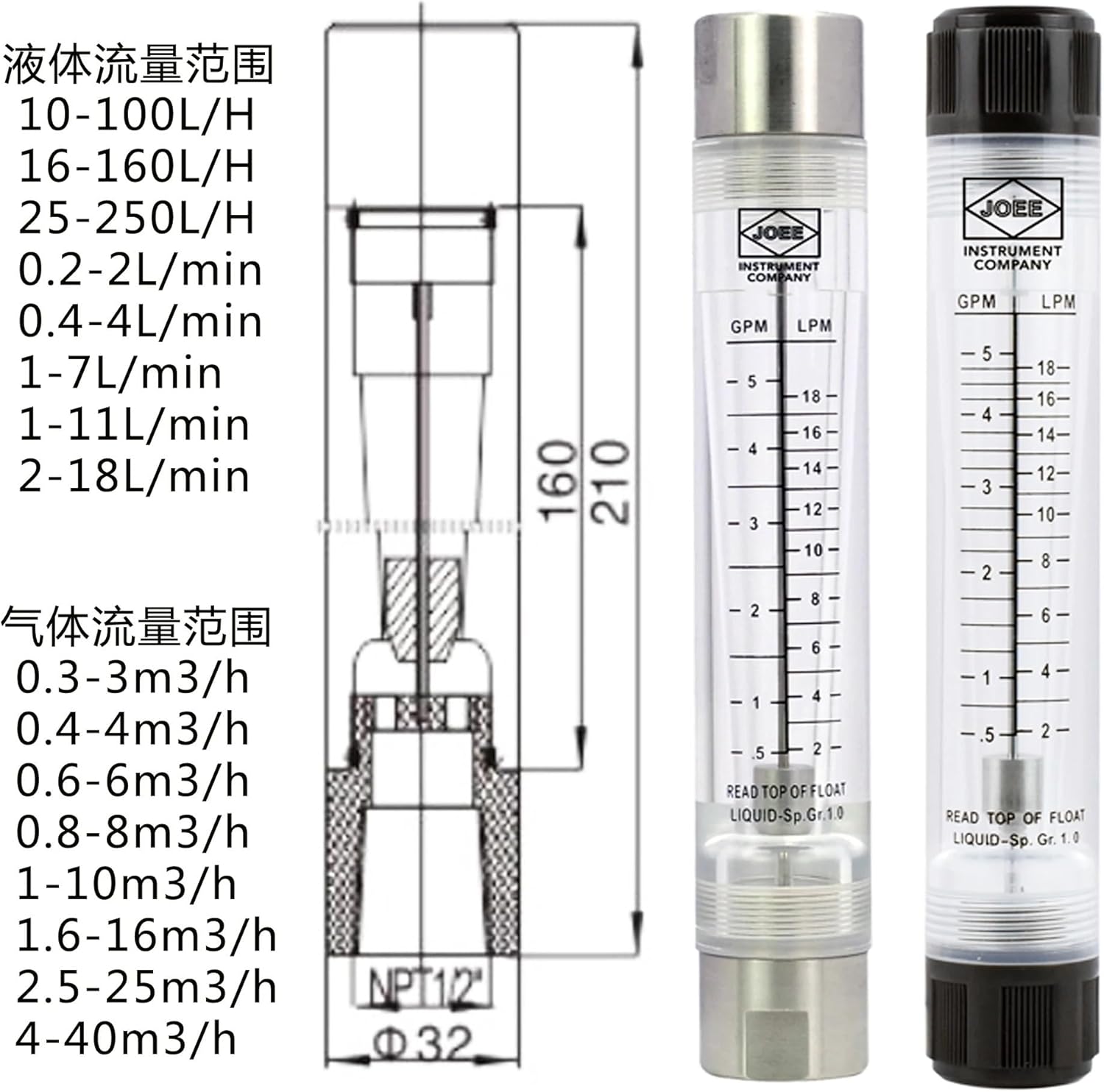 1PCS 1/2" BSPT Female LZM-15G 304 Stainless Steel Air Gas Liquid Water Float Flowmeter(Ga2.5-25Nm3 Per Hour)