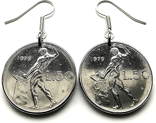 1959 Italy 50 Lire coin earrings Italian jewelry Vulcan blacksmith Roma Milan Florence Venice Verona Genoa Perugia Palermo Bologna Torino Napoli