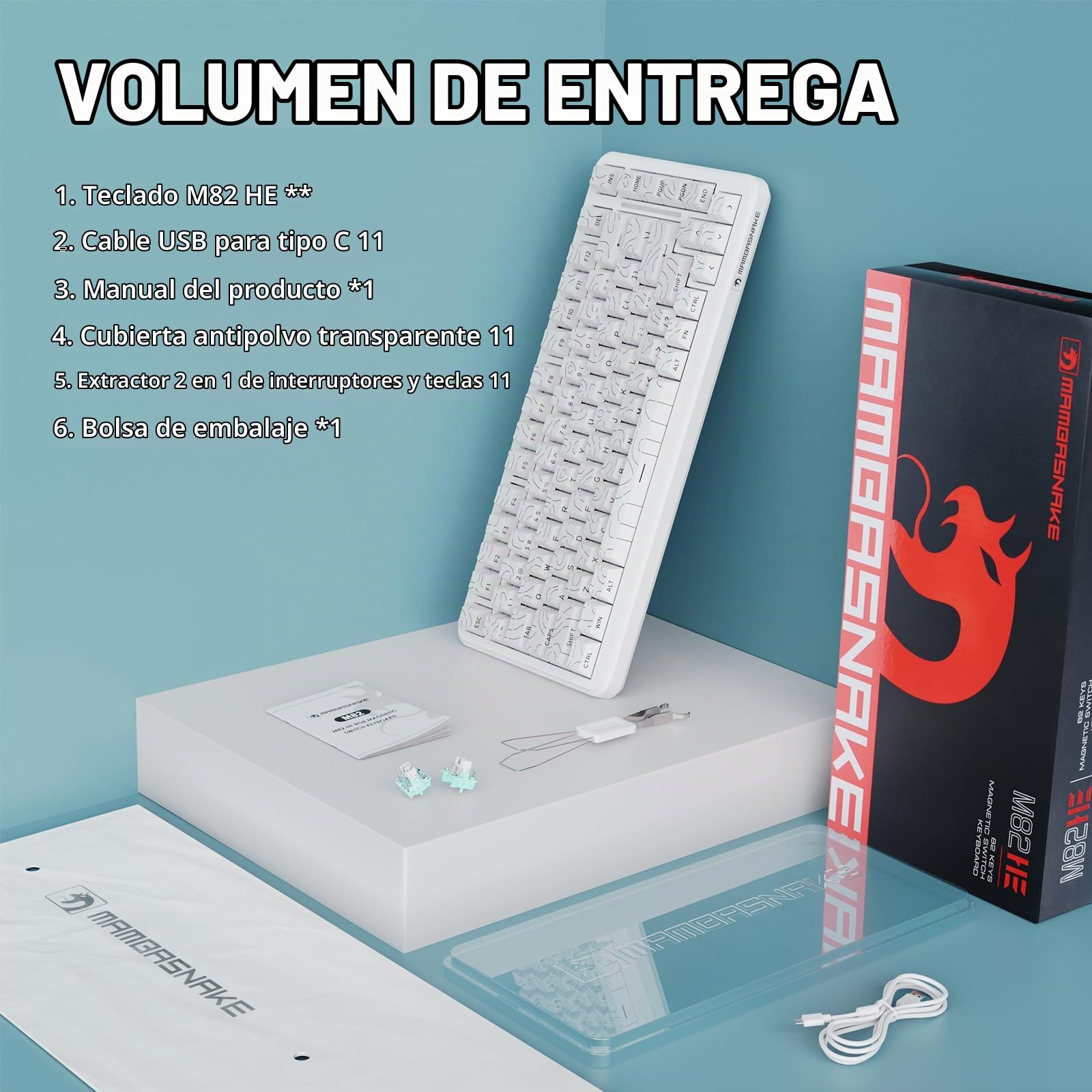 MAMBASNAKE M82 HE Teclado magnético con Cable 75%, Tasa de Sondeo 8K Hz, Actuación Ajustable, y precisión de 0,01 mm. Teclado para Rapid Trigger Juegos con retroiluminación RGB- Contorno Blanco