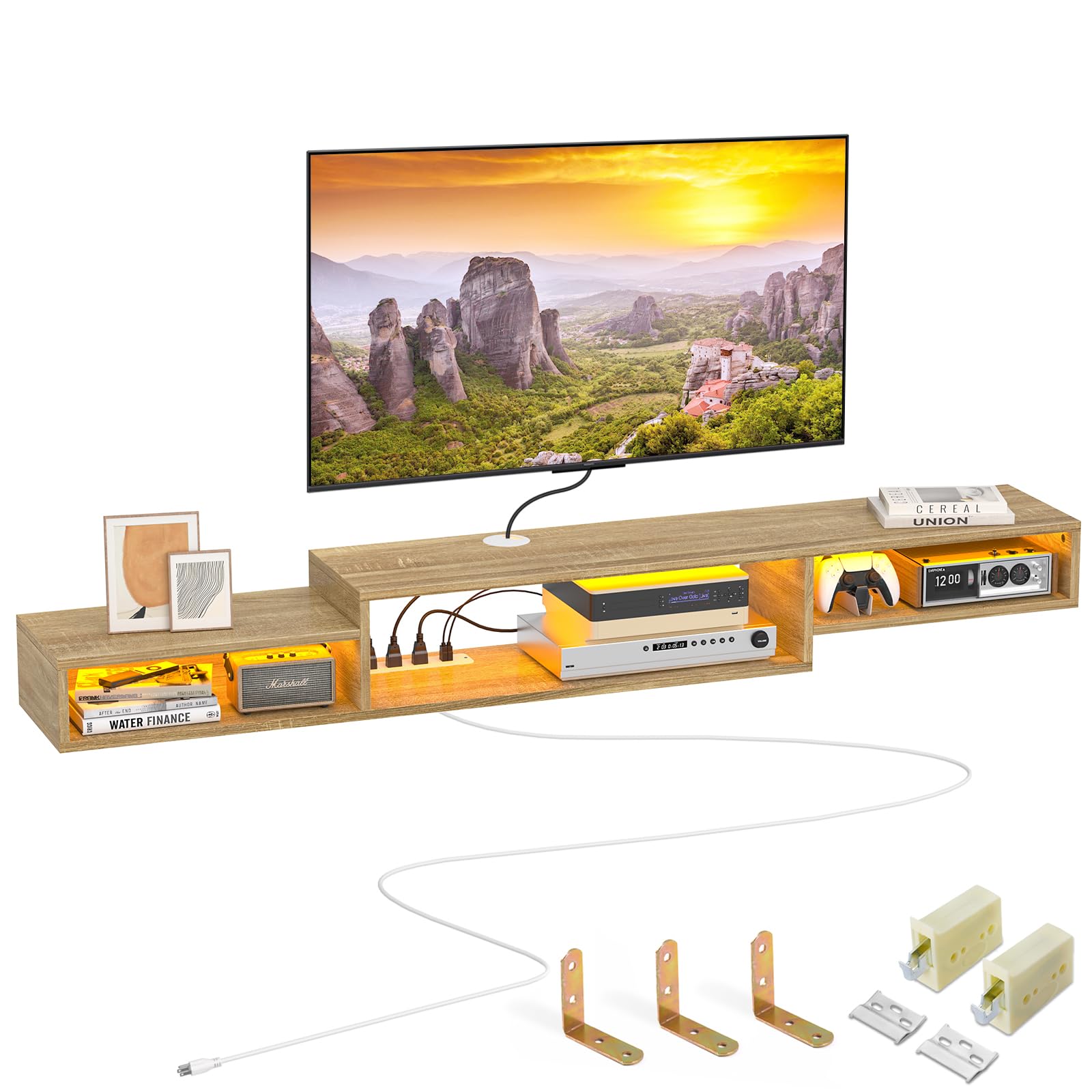 FABATO71'' Floating TV Stand with LED Light Power Outlet, Floating Shelf for Under TV Wall Mount with Storage Shelf, Media Console Entertainment Center for Living Room, Natural Oak
