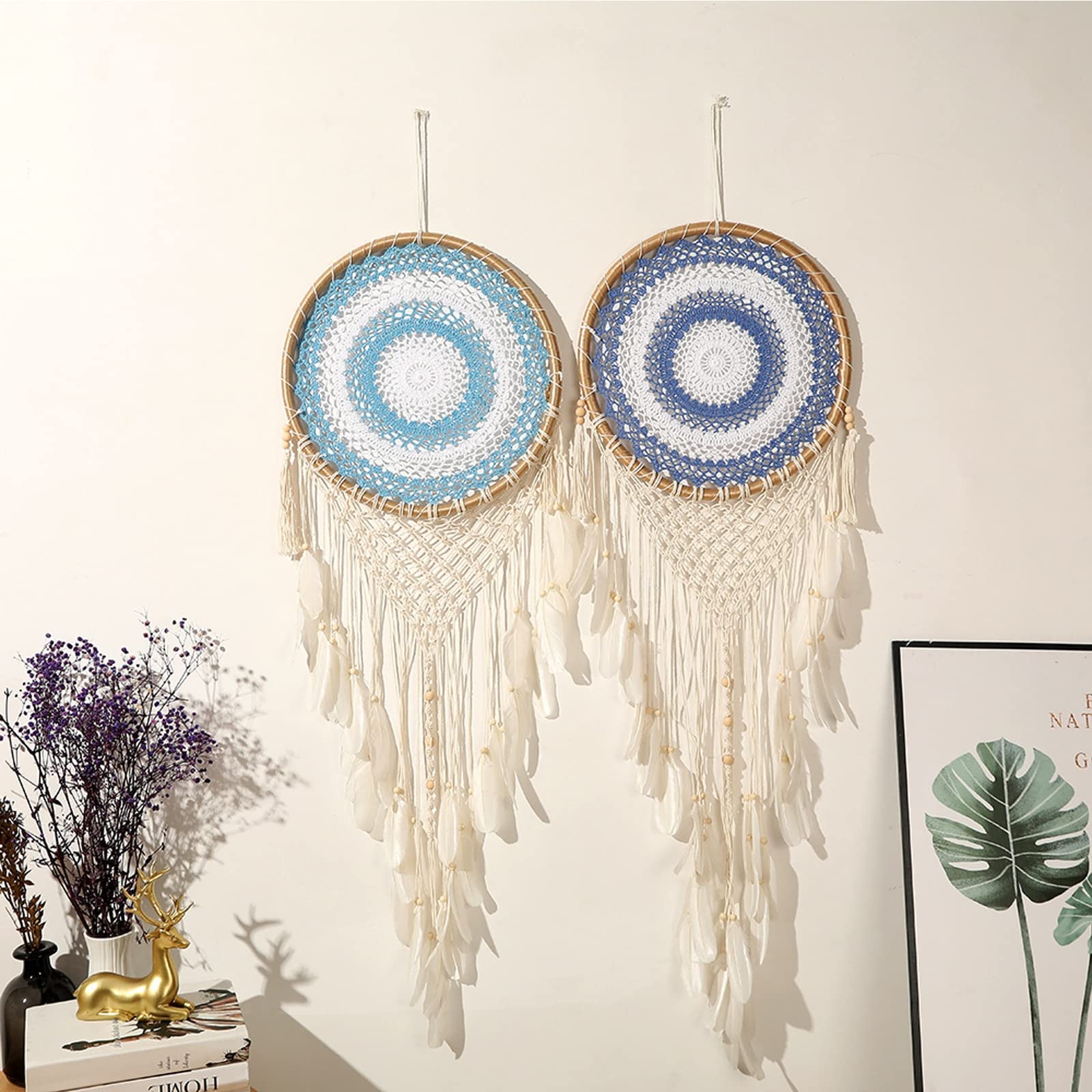 Juego de 2 atrapasueños grandes, tapices bohemios tejidos a mano para decoración de sala de estar y boda, 135-140 cm para decoración de pared de fondo