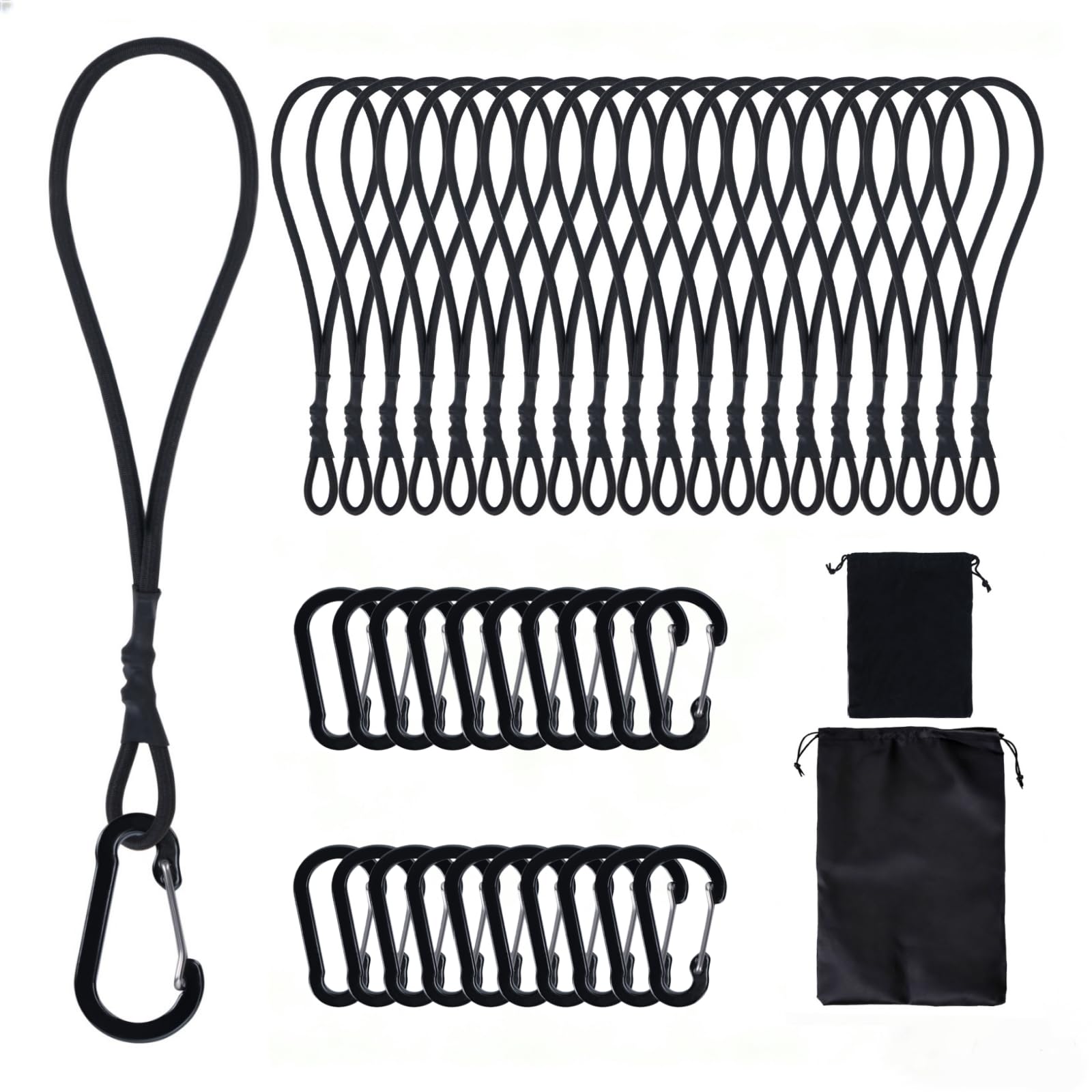 VirtuGro 20 Pack Bungee Cords with Carabiner Clips, 20cm/7.8 Inch Small Bungee Cords with Clips, Black Elastic Straps with Carabiner Hooks for Roof Racks, Camping, Luggage, Tarp, Tents, Canopy