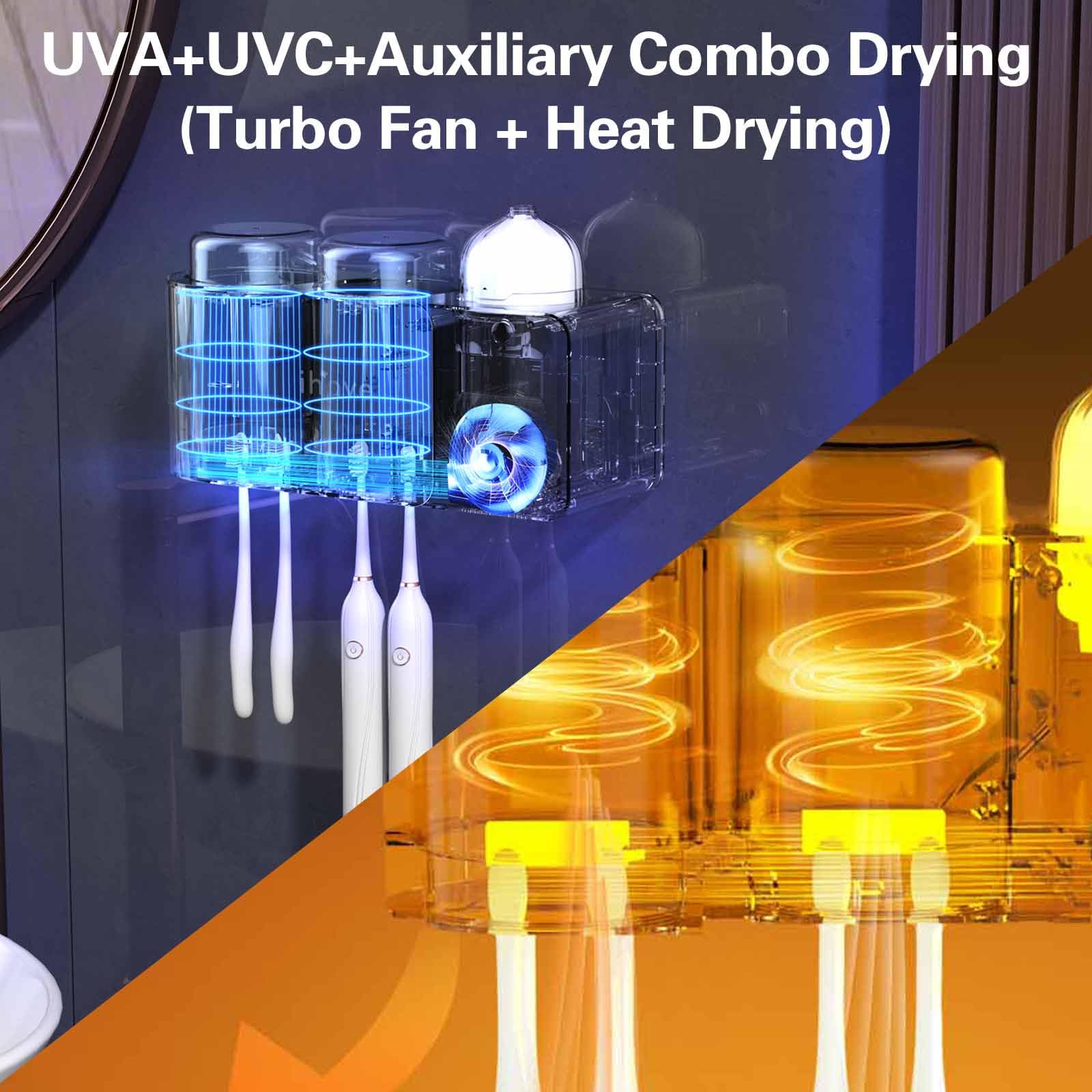 iHave Soporte para cepillos de dientes con desinfectante UV, difusor de aromaterapia y luz nocturna infrarroja, desinfección inteligente de crucero de 4 horas, secado combinado auxiliar, organizador