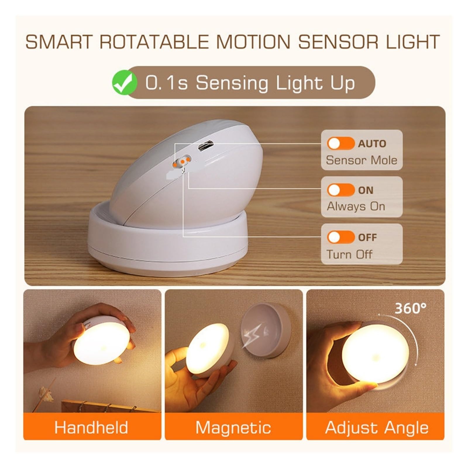 360 Obrócony czujnik ruchu PIR Lampka nocna LED Kinkiety Akumulator Światło podszafkowe Bezprzewodowa lampka nocna do szafy(Warm White)