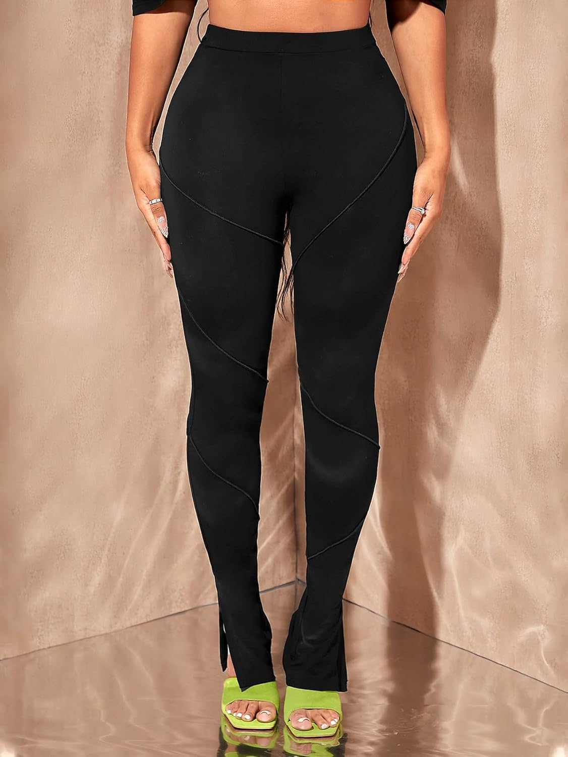 Solid Split Hem Leggings (Color : Black, Size : X-Large)
