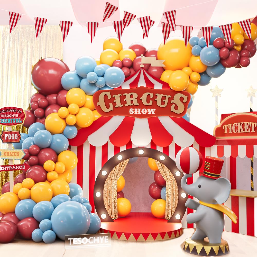 Carnival Circus Balloon Arch Garland Kit, 142pcs Red Blue Yellow Balloons with 32ft Red and White Striped Pennant Banner for Circus Theme Birthday