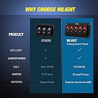 Vista 6 de Nilight Panel de Interruptores Basculantes de 5 Posiciones 5 Pines On Off Toggle Soporte de Aluminio 12V 24V Tablero Pre-Cableado Interruptores