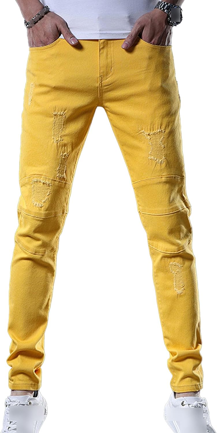 Men Stretch Casual Denim Pencil Pants Vintage Mid Waist Slim Fit Trousers Y2K Elastic Ripped Skinny Jeans