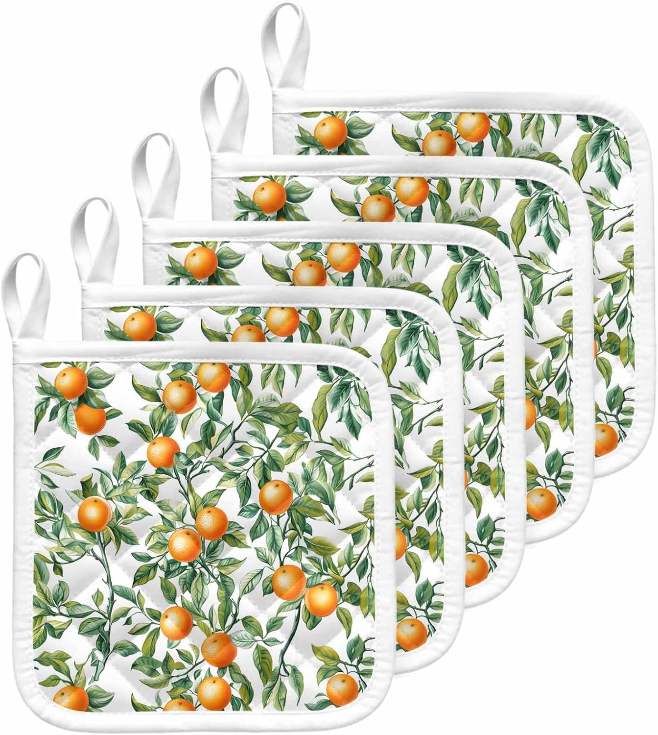 5 Pack Pot Holders for Kitchen, Green Leaves Orange Hot Pads for Kitchen Countertops Oven Pot Holder Bulk, Summer Farmhouse Botanical Heat Insulation Potholders with Hanging Loops