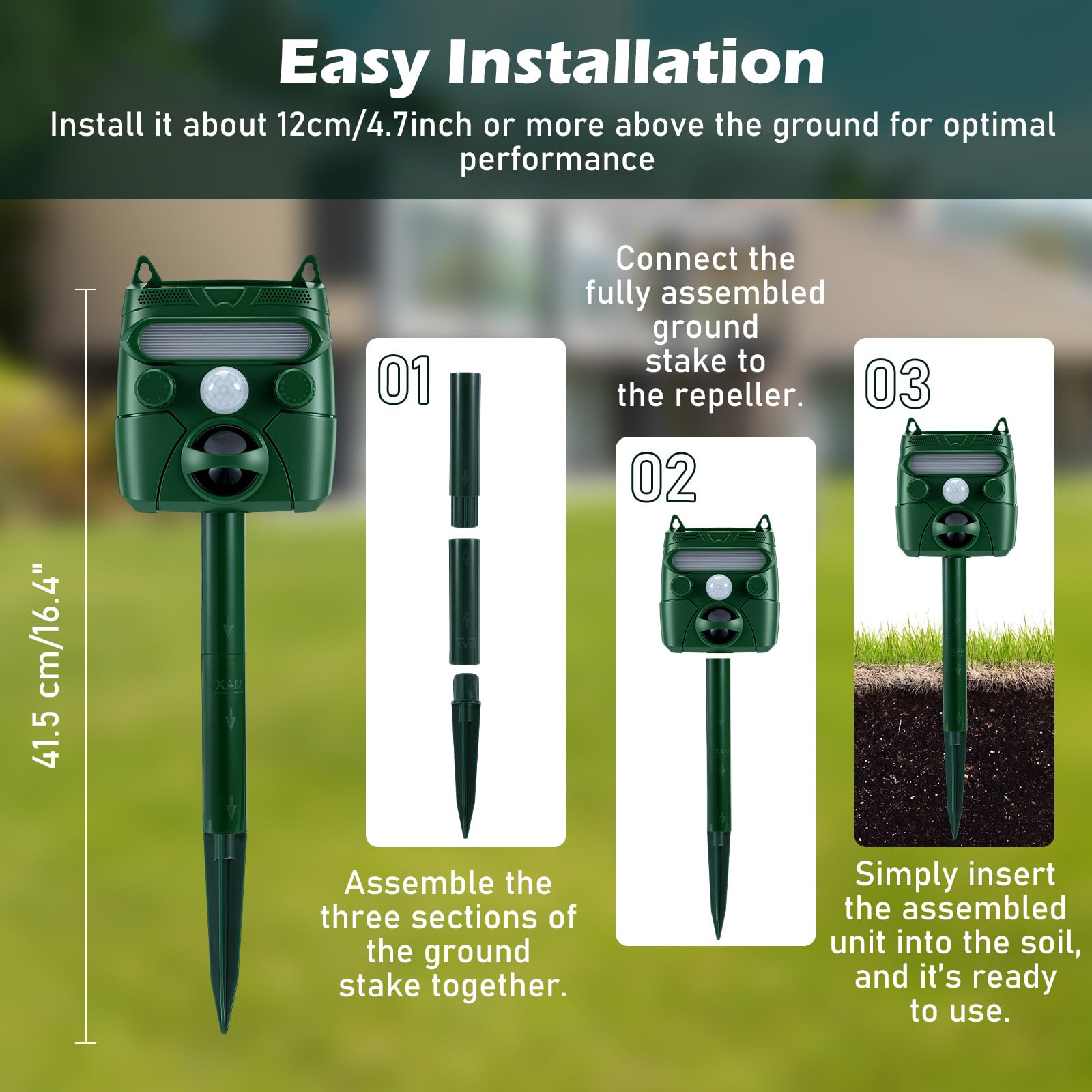 Ahuyentador Gatos, Exterior Solar Ultrasonidos Repelente Gatos con Sensor PIR Flash Estaca de Tierra Ahuyentador Palomas IP45 Impermeable con 5 Modos para Jardín Palomas Ratón Perro