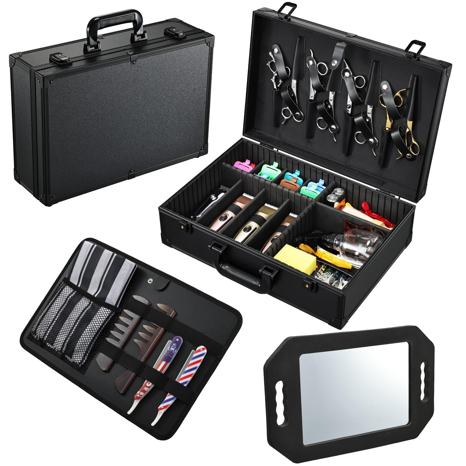 Yueieoun Barber Accessory Case with Mirror, Profesional Barbers Briefcase Tool Case, Barber Cases for Clippers and Supplies, Hair Scissors Trimmer Organizer, Salon Grooming Hard Travel Suitcase