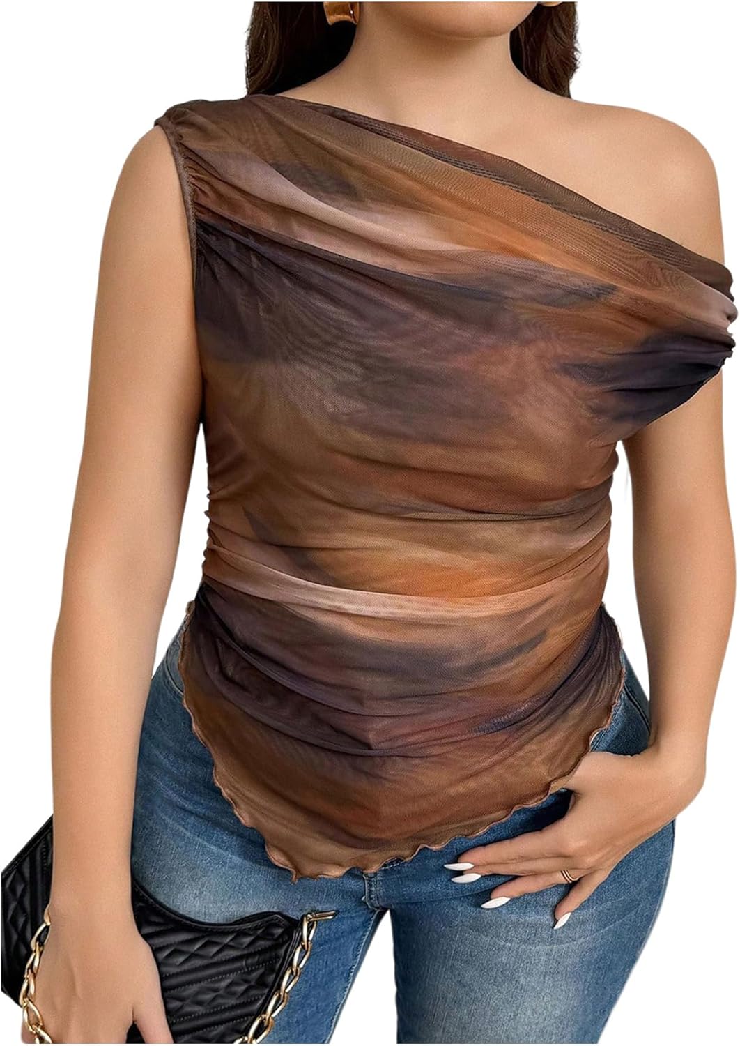 WDIRARA Women's Plus Size One Shoulder Tee Tie Dye Sheer Mesh Tops Ruched Asymmetrical T Shirt
