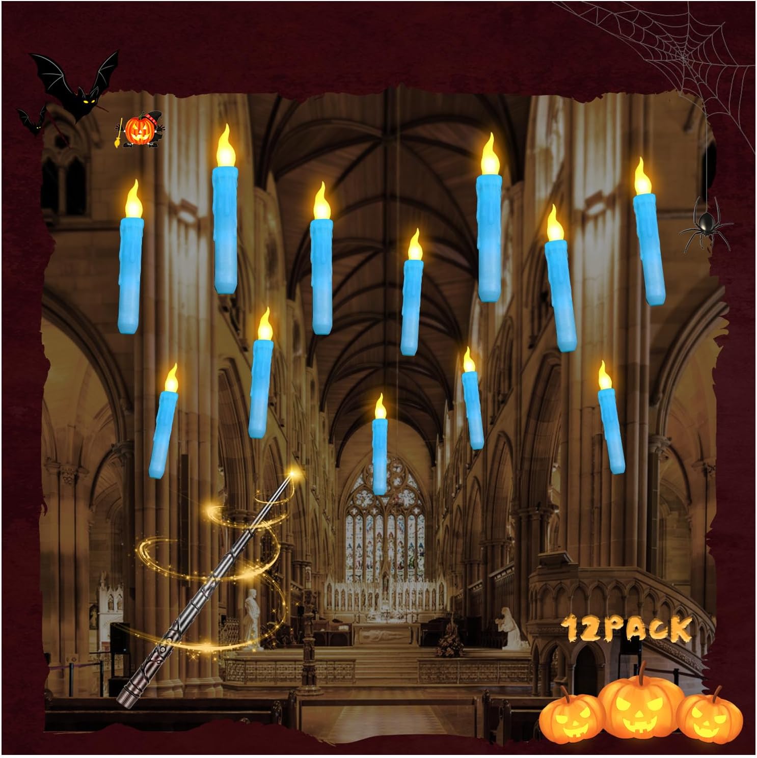 12Pcs Warm Light Halloween Floating Candles with Wand - Blue