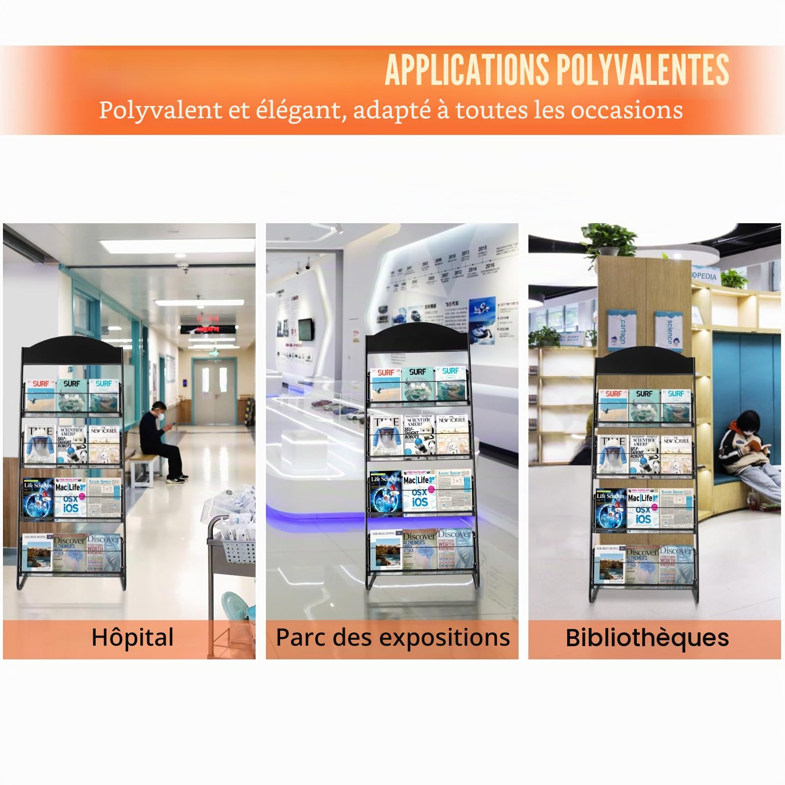 SUNDOY Porte-magazines, extra large, support de littérature au sol, avec 4 poches, porte-brochures, pour bureau et foires, 38 x 63 x 157 cm (L x l x H) sans roulettes