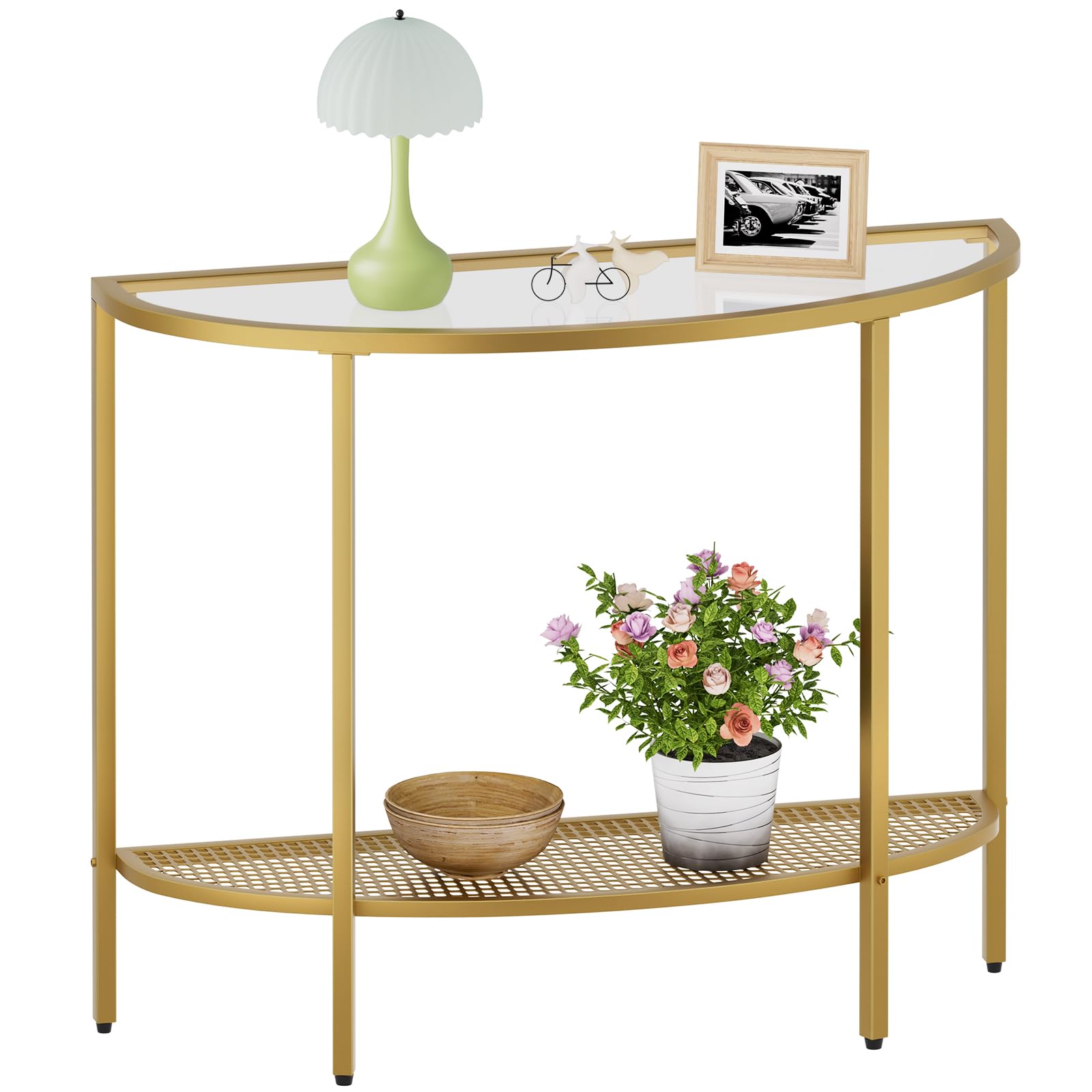 SAYGOER Glass Half Moon Console Table 2 Tier Narrow Entryway Table with Gold Metal Frames, Modern Couch Table Small Entry Way Tables, Easy Assembly, Clear Glass Gold Frames