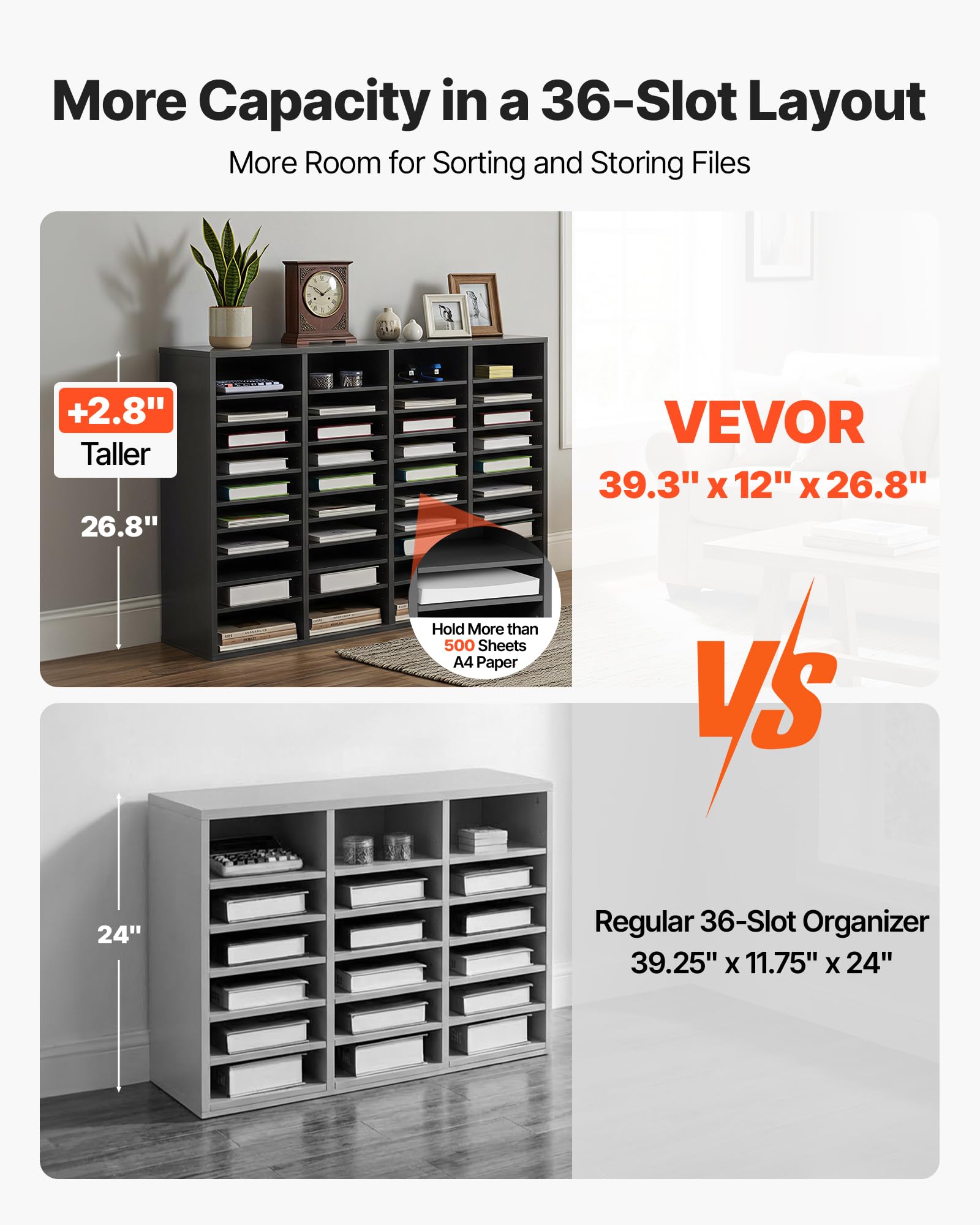 VEVOR Organizador de Literatura 997 x 305 x 680 mm, Clasificador de Madera de Oficina de 36 Compartimentos con Estantes Ajustables, para Almacenamiento para Archivos, Documentos, Papeles, Gris