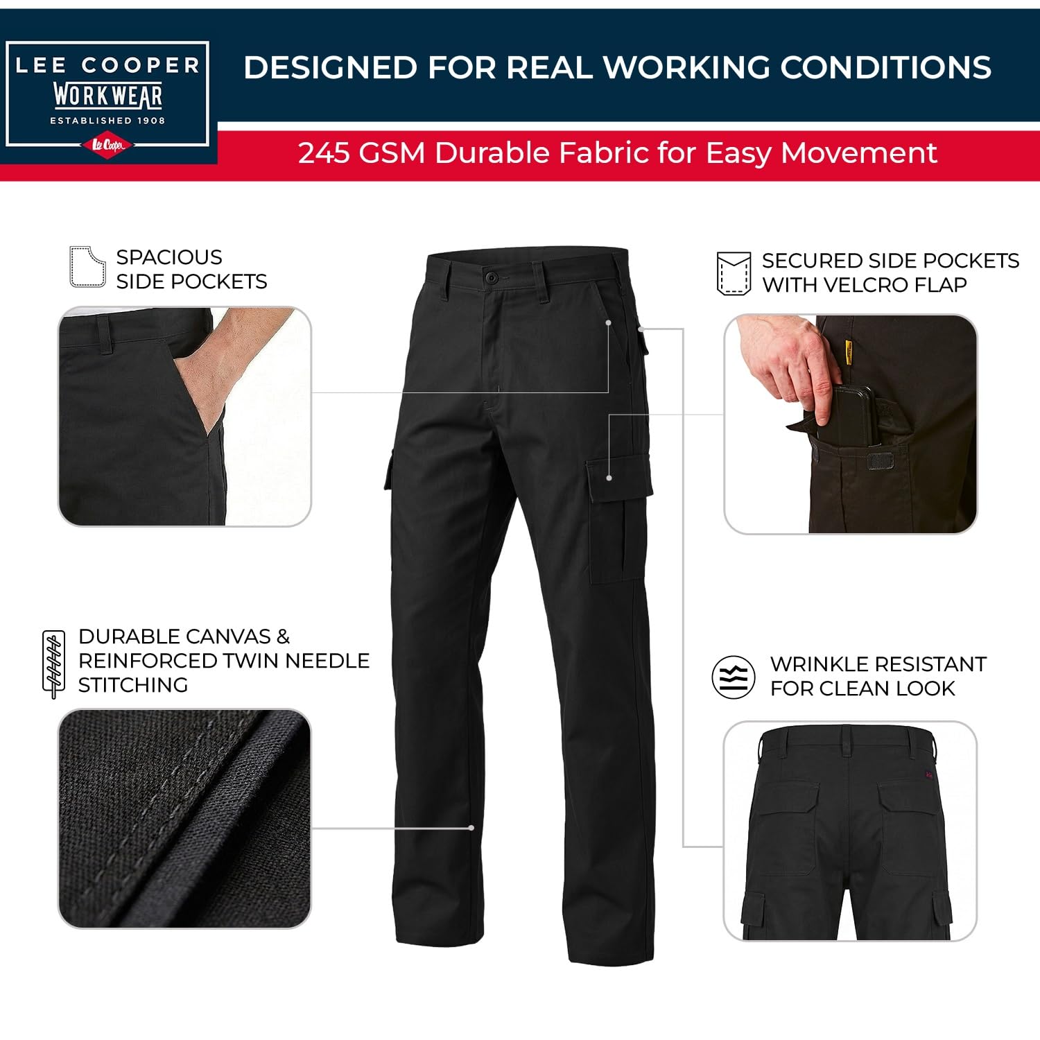 Lee Cooper Pantaloni Lavoro Uomo Cargo 245 GSM – Workwear Resistenti Multi Tasche Facile Cura, Pantaloni Sicurezza Regular Fit con Bottone e Zip