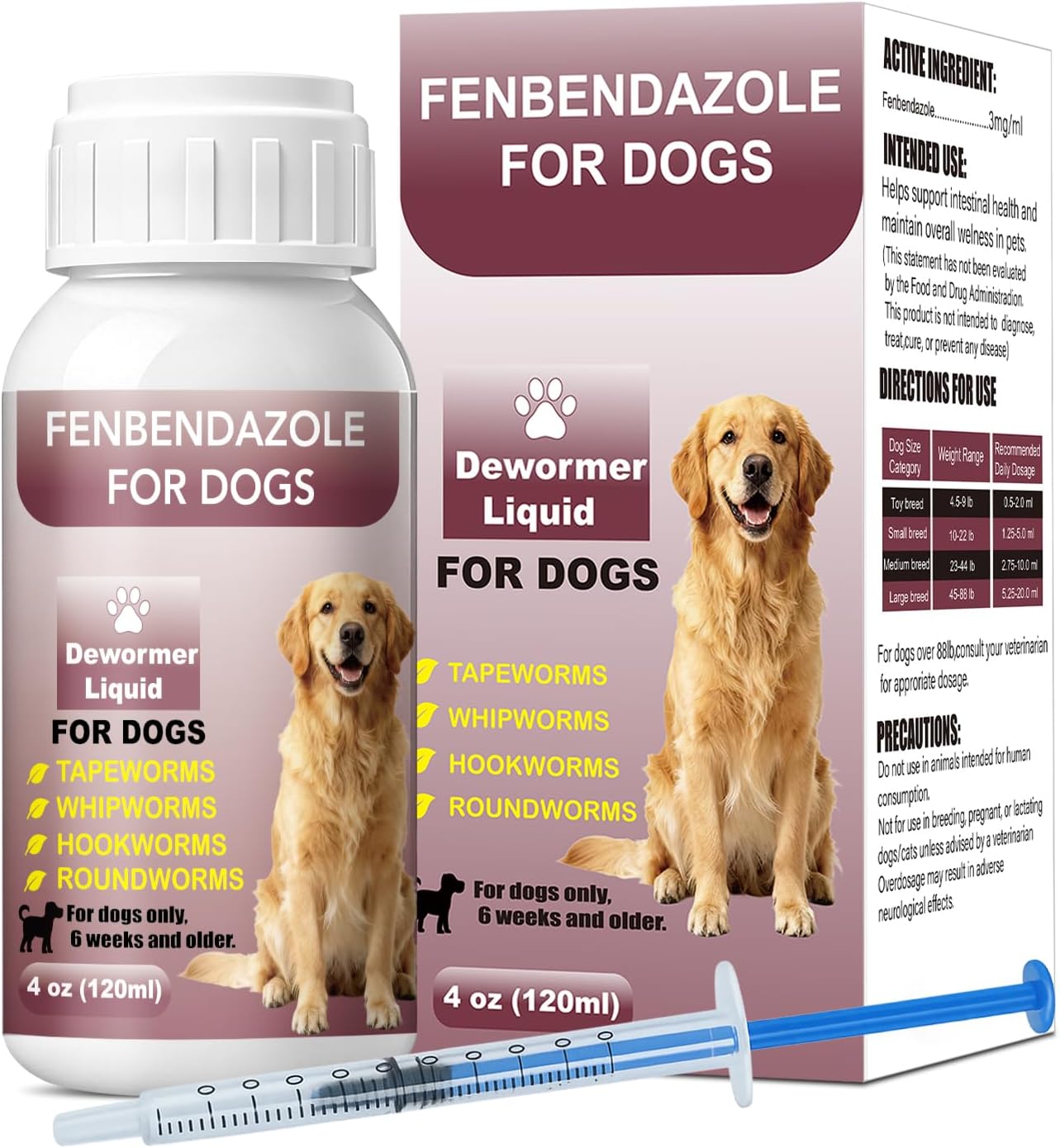 Dewormer for Dogs, Fenbendazole Liquid for All wormer, Tapeworms, Roundworms, Hookworms and Whipworms, 4 oz