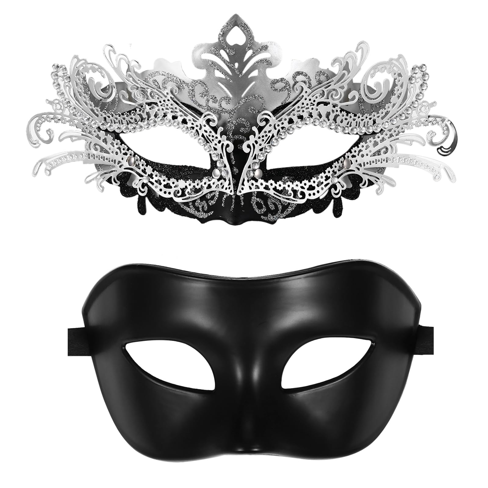 Oidea Masquerade Mask for Couples: Shiny Rhinestones Filigree Metal Venetian Mardi Gras Mask for Women Men Party Prom Ball Masks Silver