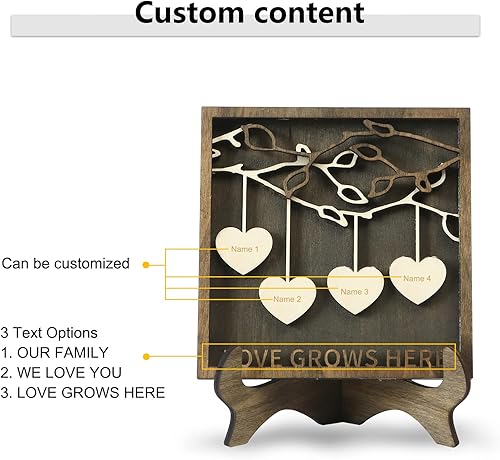 Vista 262 de Árbol genealógico con etiqueta de corazón, placas de madera grabadas personalizadas, regalos personalizados para madres, padres, escritorio, nombres