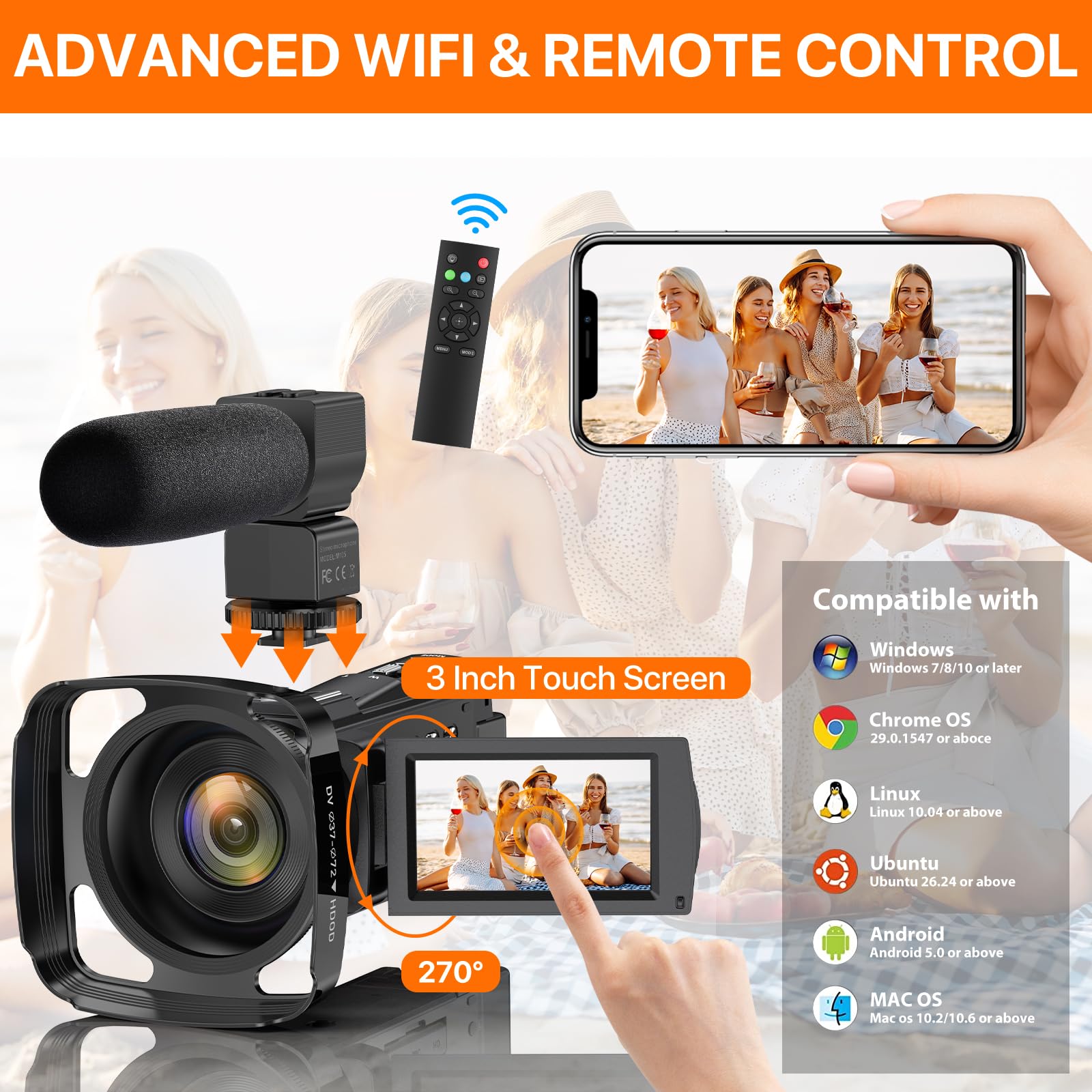 Video Camera, 5K Camcorder UHD 48MP WiFi Vlogging Camera for YouTube IR Night Vision Anti-Shake 16X Digital Zoom 3” Touch Screen Camera with Microphone,Handheld Stabilizer,Lens Hood,Remote,2 Batteries