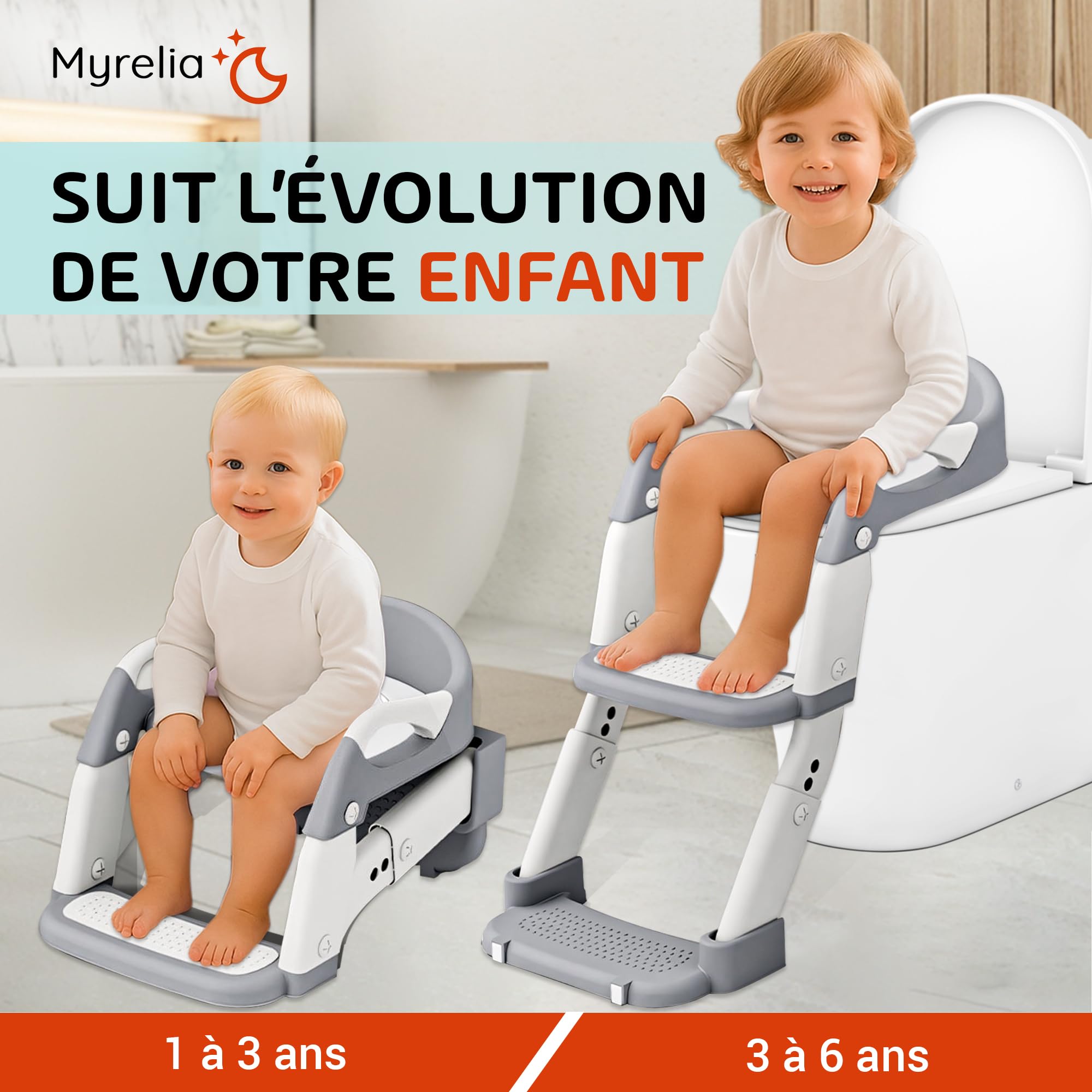 Reducteur toilette enfant 3-en-1, pot bebe toilette et adaptateur toilette enfant avec rehausseur WC, marches, poignées et dossier, antidérapant, pliable, robuste, facile à nettoyer, 3-6 ans