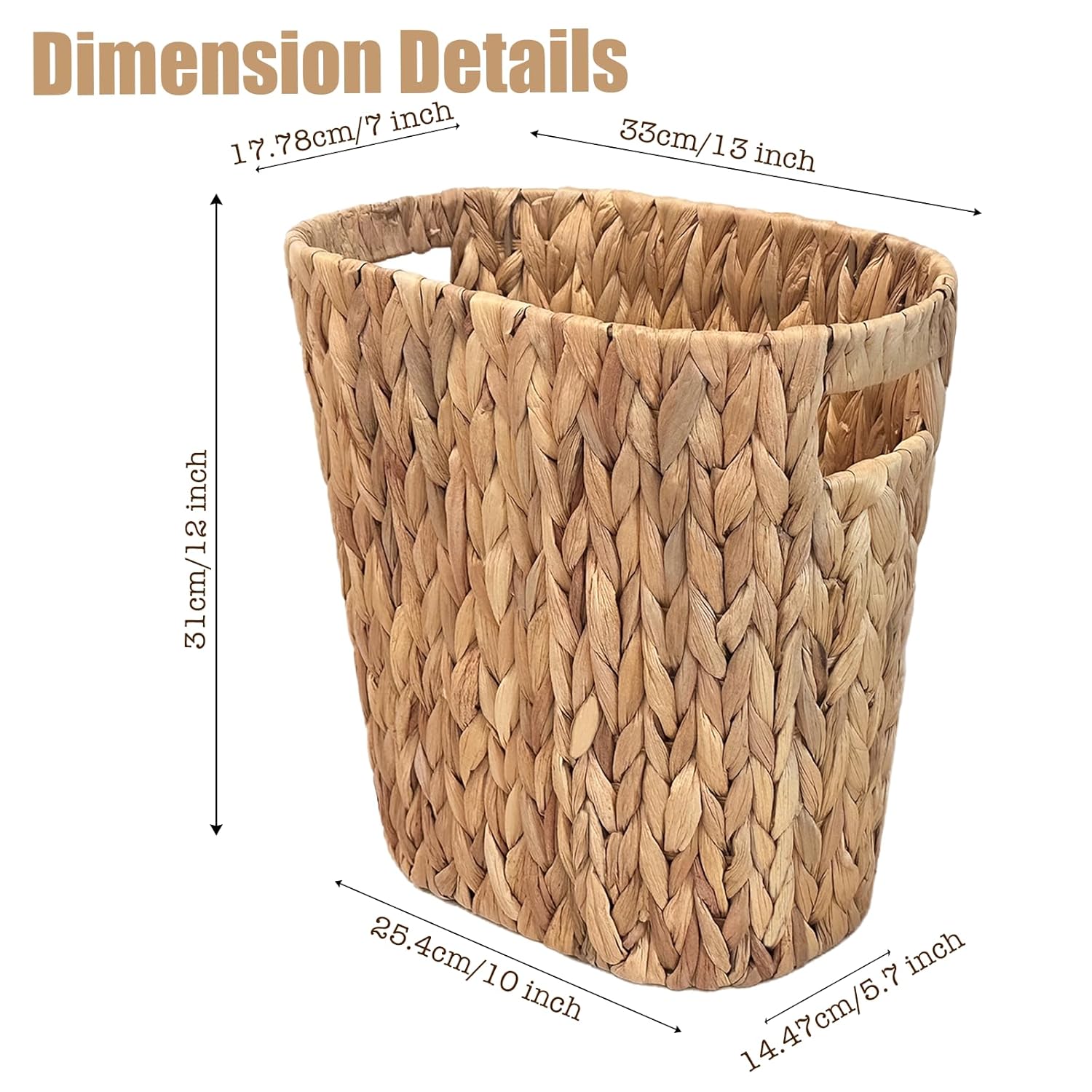 PINXIURY Bathroom Wicker Trash Can Handwoven Wicker Waste Basket with Built-in Handles Water Hyacinth Garbage Can for Bedroom Office Kitchen 100% Handmade 13" L x 7.5" W x 12.2" H, 3.2 Gallon