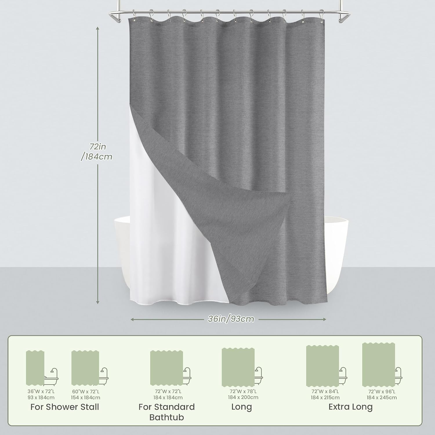 Inhousolu Boho Farmhouse Shower Curtain with Fabric Liner Set, Luxury Faux Linen Textured, Metal Hooks, Weighted Hem, Washable Wrinkle Free Bath Curtain for Hotel Bathroom 36" W x 72" L Gray