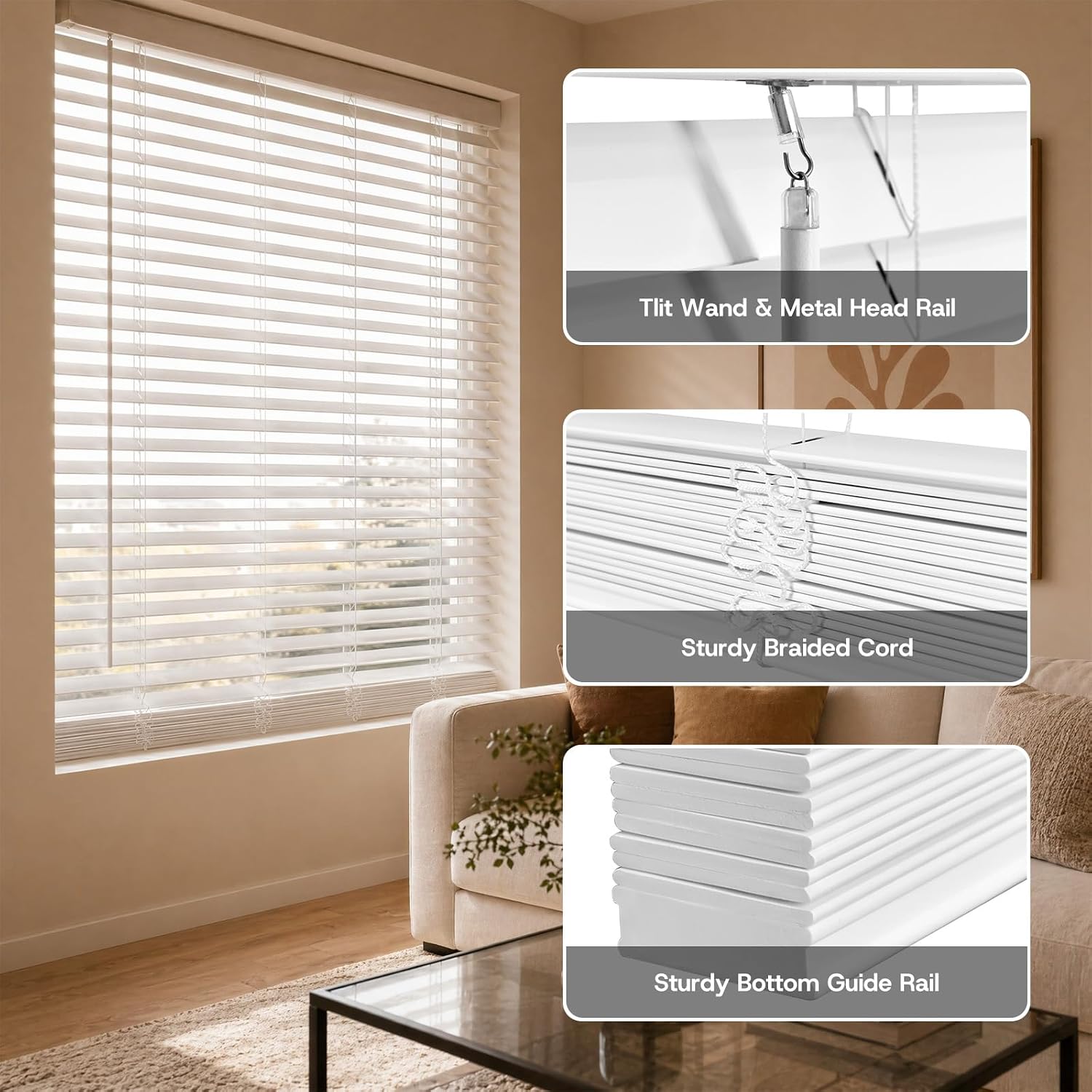 2 Inch Solid Wood Cordless Blinds for Indoor Windows, 34" W x 48" H-White