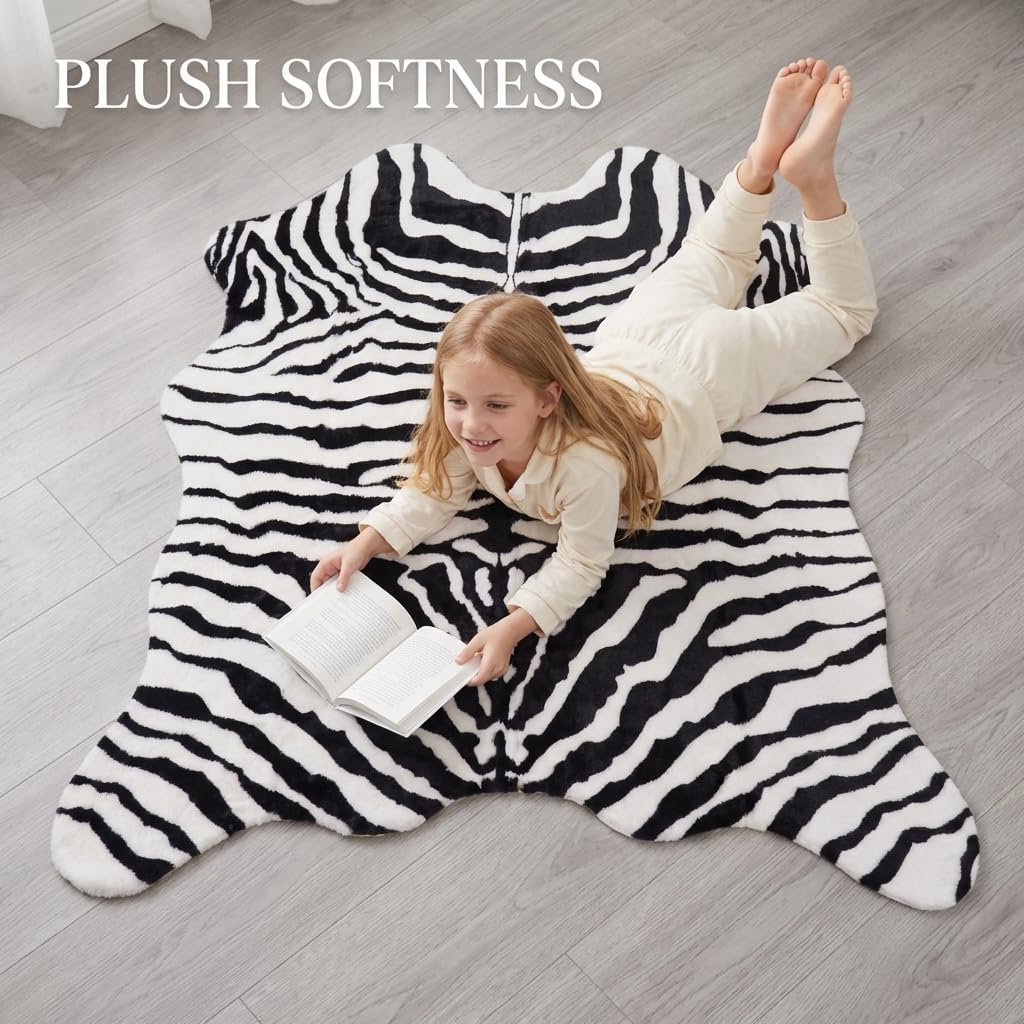 Zebra Print Rug, Faux Fur Area Rug for Living Room, Black White Animal Print Bedroom Carpet, Bohemian Safari Decor, Non-Slip，4'7" x 5'3" (140x160cm)