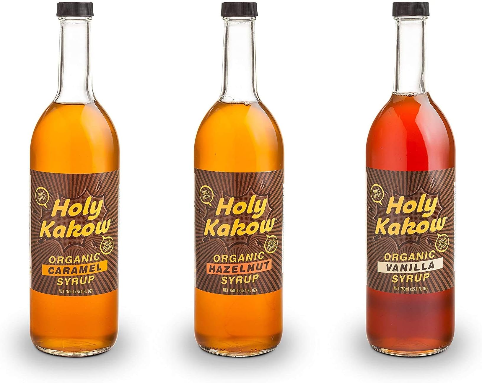 Holy Kakow Cafe Organic Syrup Variety Pack - Caramel Syrup, Hazelnut Syrup, Vanilla Syrup, Organic Syrup for Coffee, Latte, Cocktail - 750ml 3-Pack