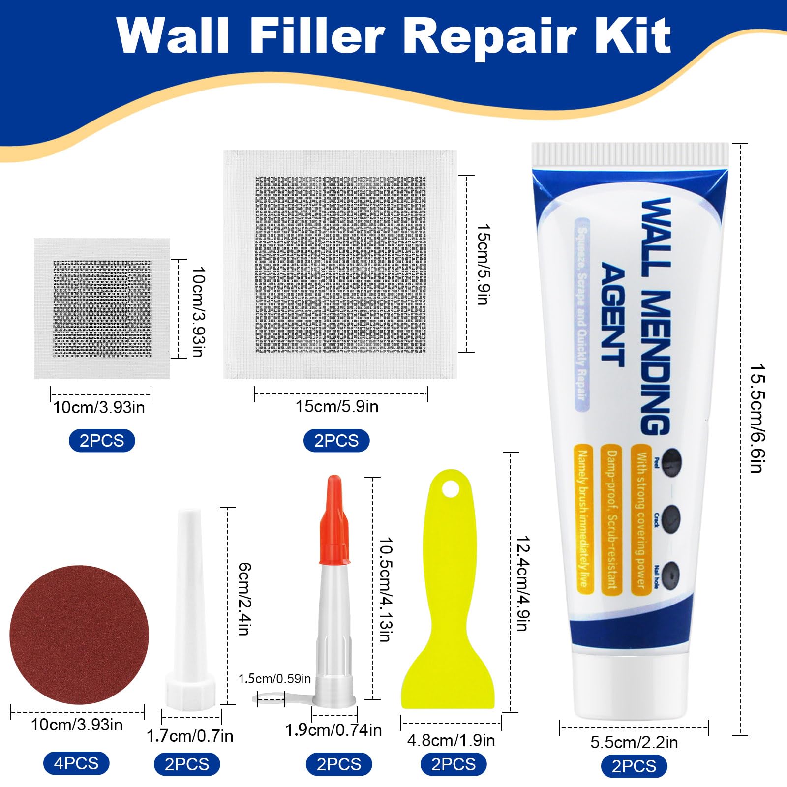 Amentalove Wall Filler Repair Kit, 2Pcs Wall Repair Cream 150g, Spackle Polyfiller Kit with 2" and 4'' Drywall Patch - Image 2