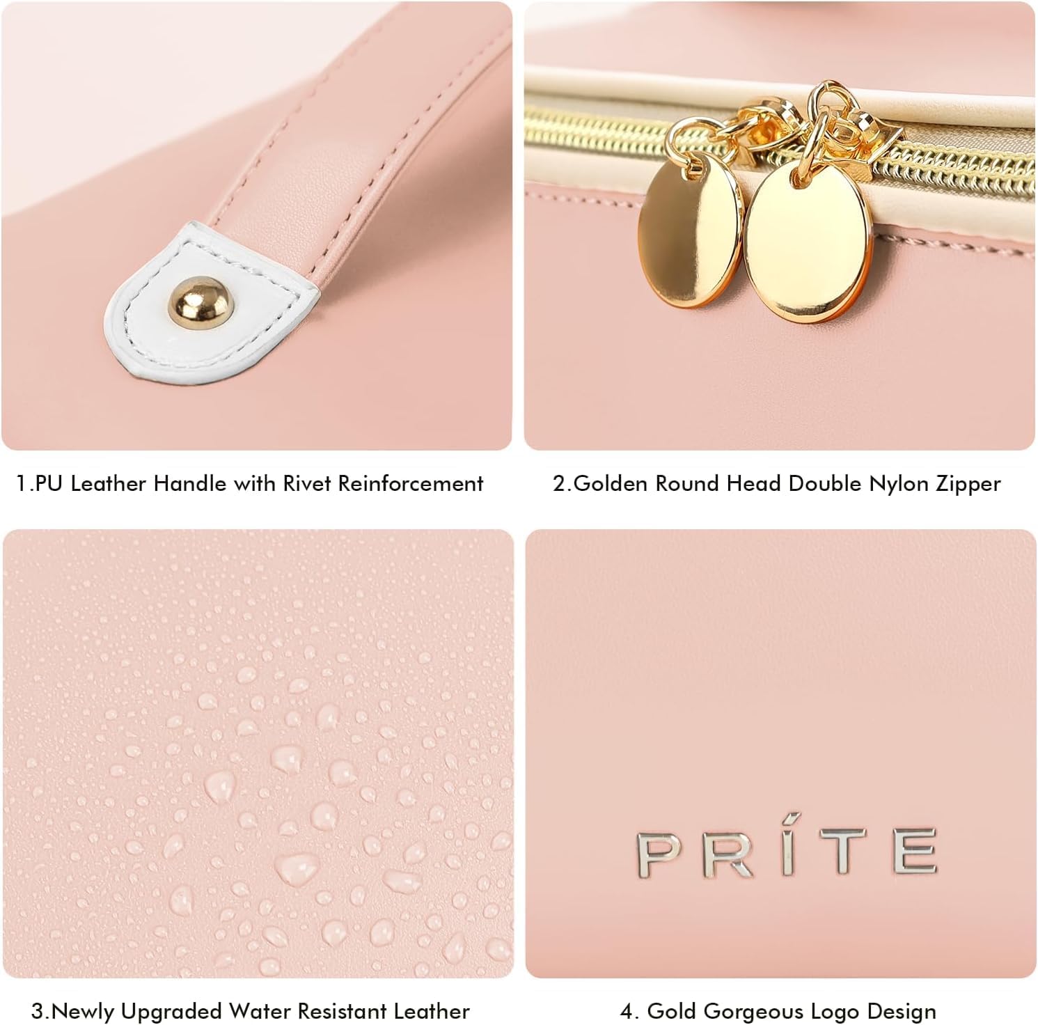 Prite Makeup Bag for Women Travel Waterproof Vegan Leather Cosmetic Bag Open Flat Toiletry Bag With Clear Divider and Handle (Large Pink Pro)