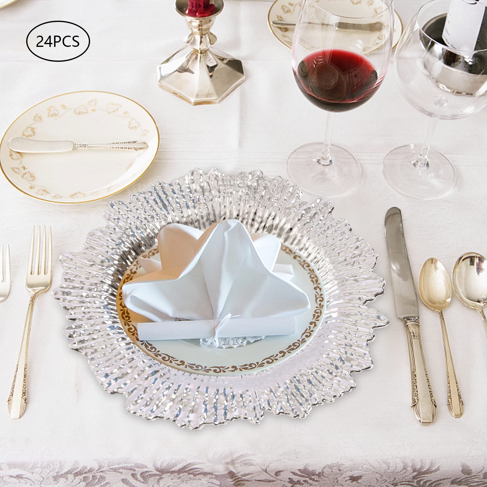ZBXGJKSY 24 Silver Charger Plates, 12.6 Inch Round Plastic Reef Plate Chargers for Dinner for Dinner Plates Suitable for Weddings, Parties, Celebrations and Elegant Decorative Placemats
