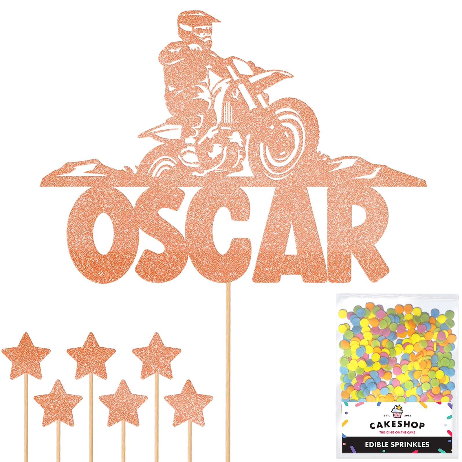 Personalised Dirt Bike Motorbike Racing Glitter Cake Topper - Rose Gold Custom Name Glitter Cake Decoration and Sprinkles - Happy Birthday Decorations - Personalised Toppers for Cakes by Cakeshop