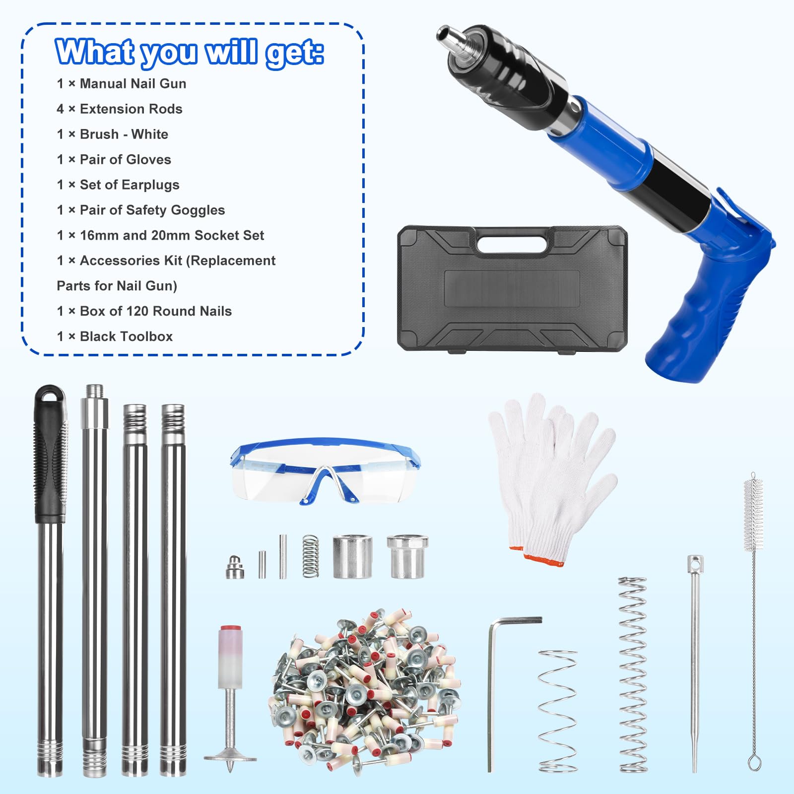 Pistola Manuale Sparachiodi Kit,Chiodi Regolabile 5 Velocità Pistola sparachiodi,con 120 pezzi per Unghie Rotonde,Strumento Per Inchiodare, Spazzola Per la Pulizia