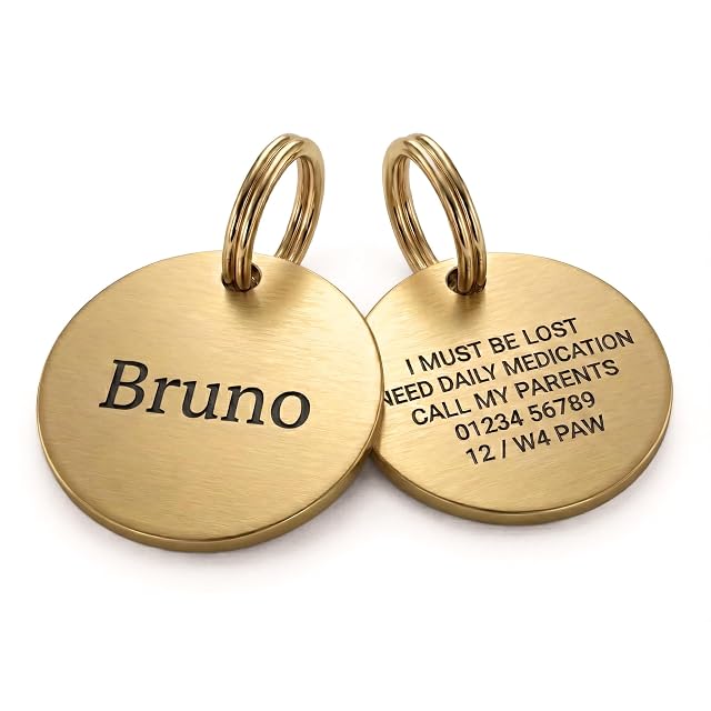 The Stately Hound Etiqueta personalizable con nombre para perros y gatos en oro y plata (dorada