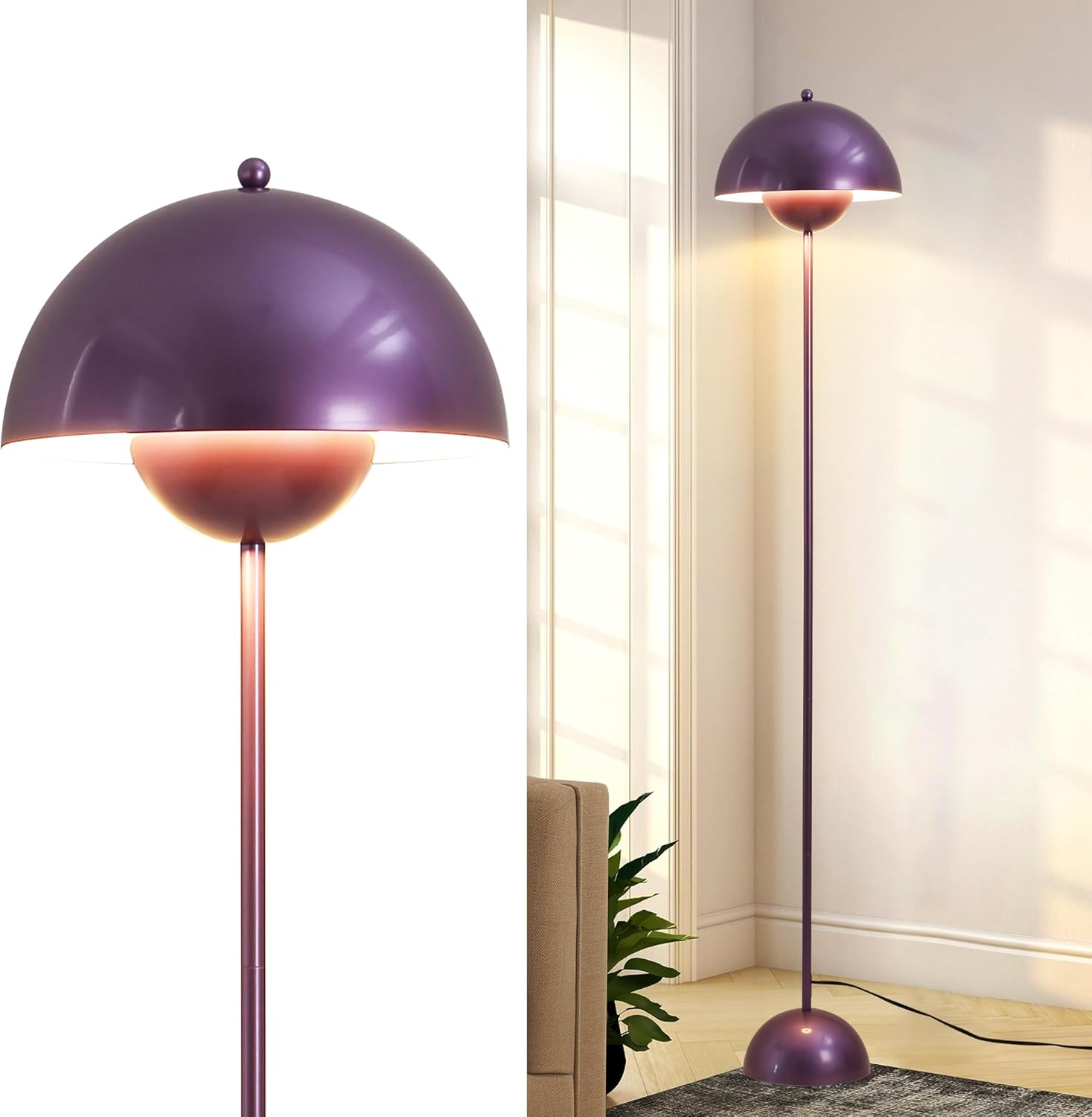 SUNLLOK Flower Pot Floor Lamp for Living Room, Metal Dome Lampshade Standing Floor Lamp with Foot Switch, Modern Reading Floor Light Fixture for Kitchen Island, Bedroom, Restaurant (Purple)