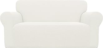 Easy-Going Stretch Loveseat Slipcover 1-Piece Sofa Cover Furniture Protector Couch Soft with Elastic Bottom for Kids Polyester Spandex Jacquard Fabric Small Checks (Loveseat, Cream)