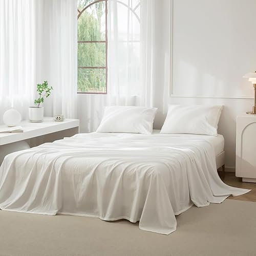 JIYUAN 100% Washed Cotton Sheet Set 4 Pieces King,1 Fitted Sheet,1 Flat Sheet and 2 Pillowcases,Comfy and Breathable Linen Like Bedding Set,Off White