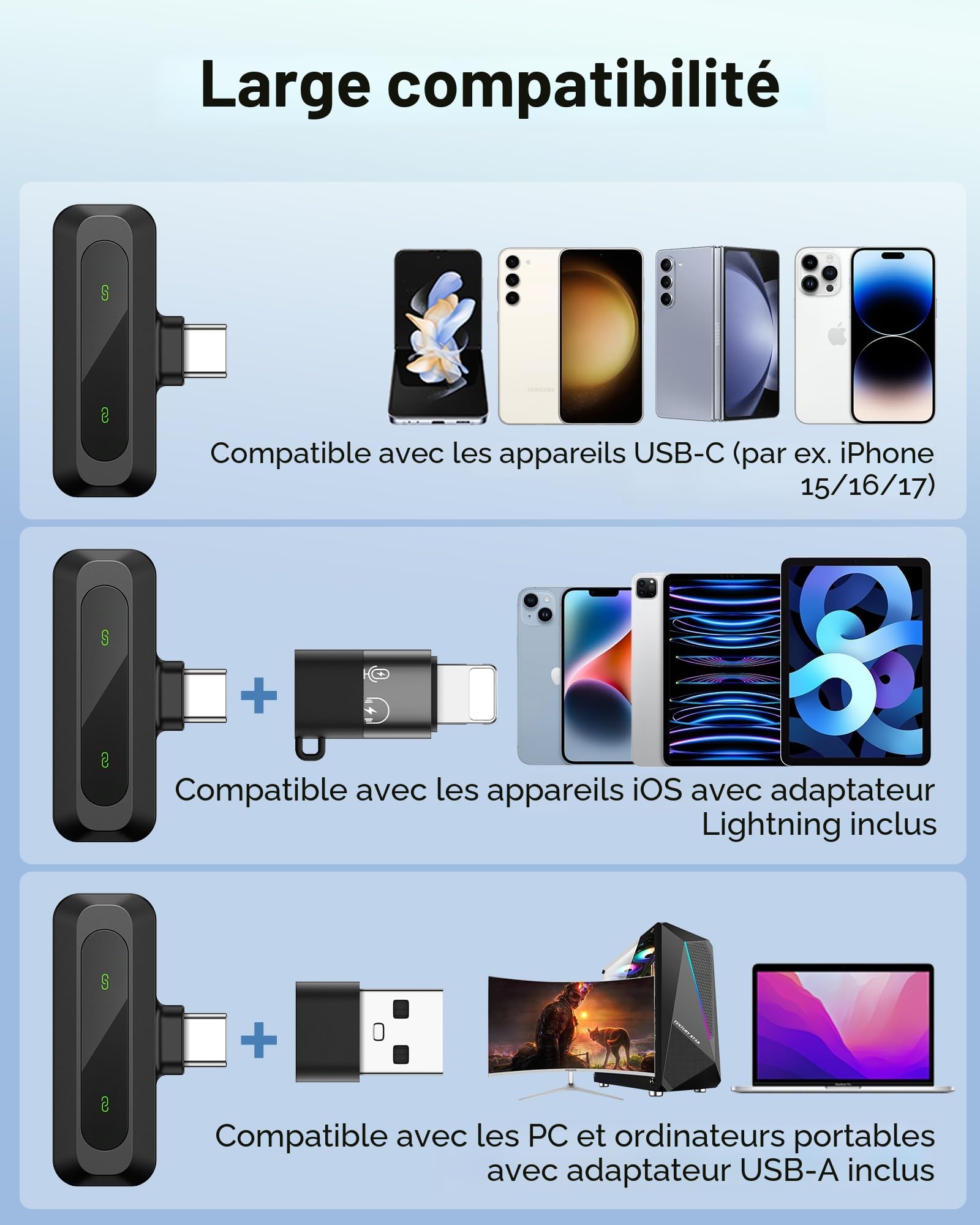 Lot de 2 mini micros cravate sans fil pour iPhone, iPad et Android, avec écran LED, réduction du bruit, microphone à clipser Plug-and-Play pour enregistrement vidéo, TikTok, YouTube et