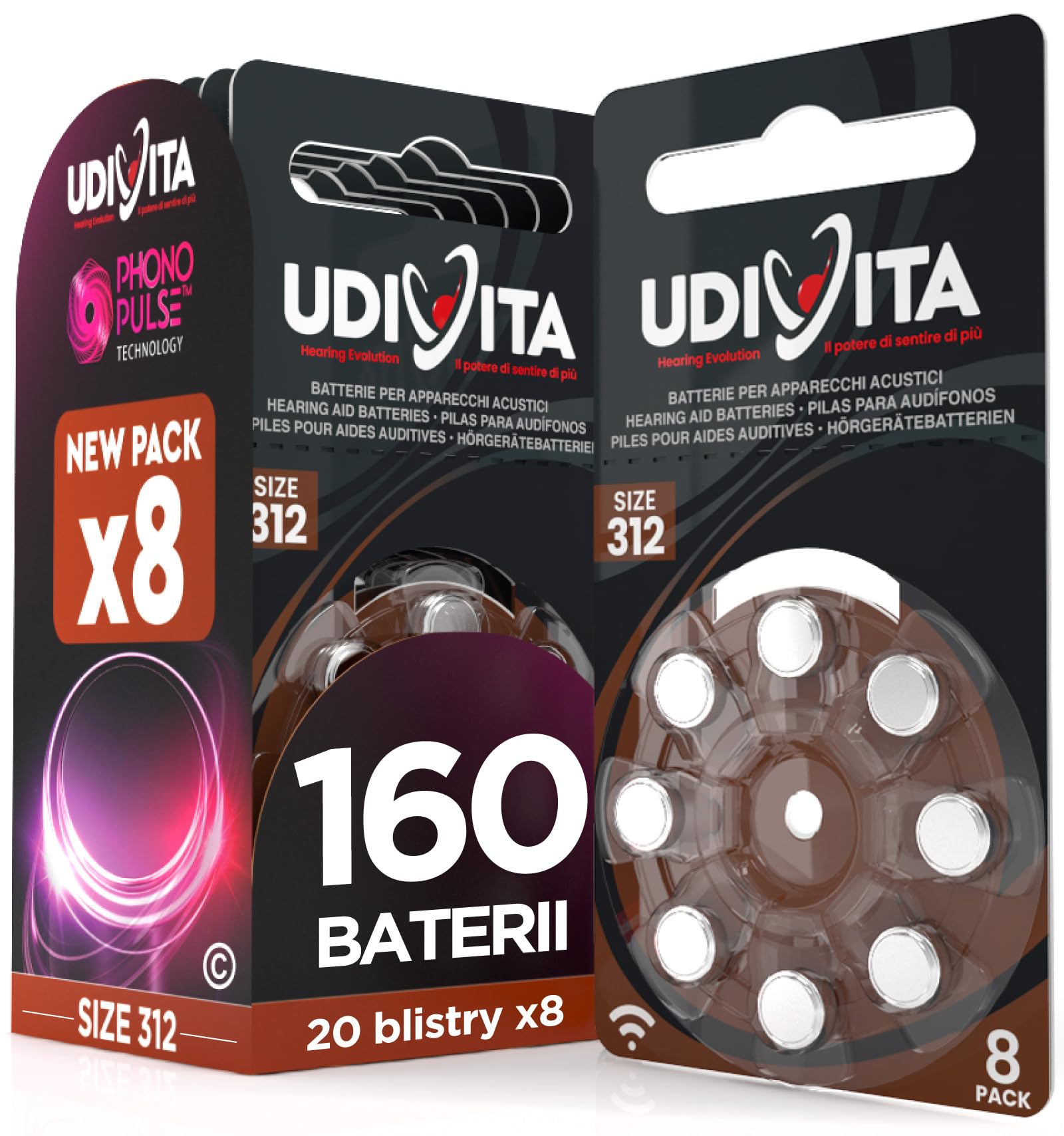 160 baterii do aparatów słuchowych Udivita rozmiar 312 (brązowy) PR41 z technologią Phono Pulse - 20 blistrów po 8 baterii