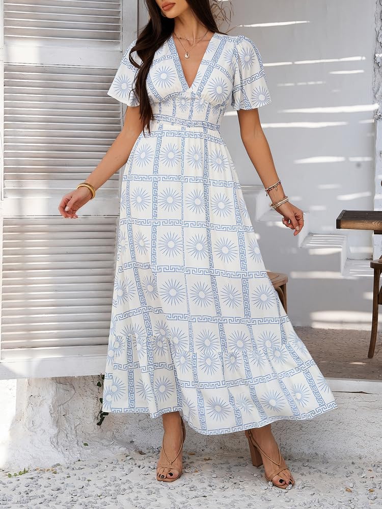 Image of Boho Floral Maxi Dress for Women 2026 Empire Waist Short Sleeve Dresses Summer Beach Vacation Wedding Guest Outfit