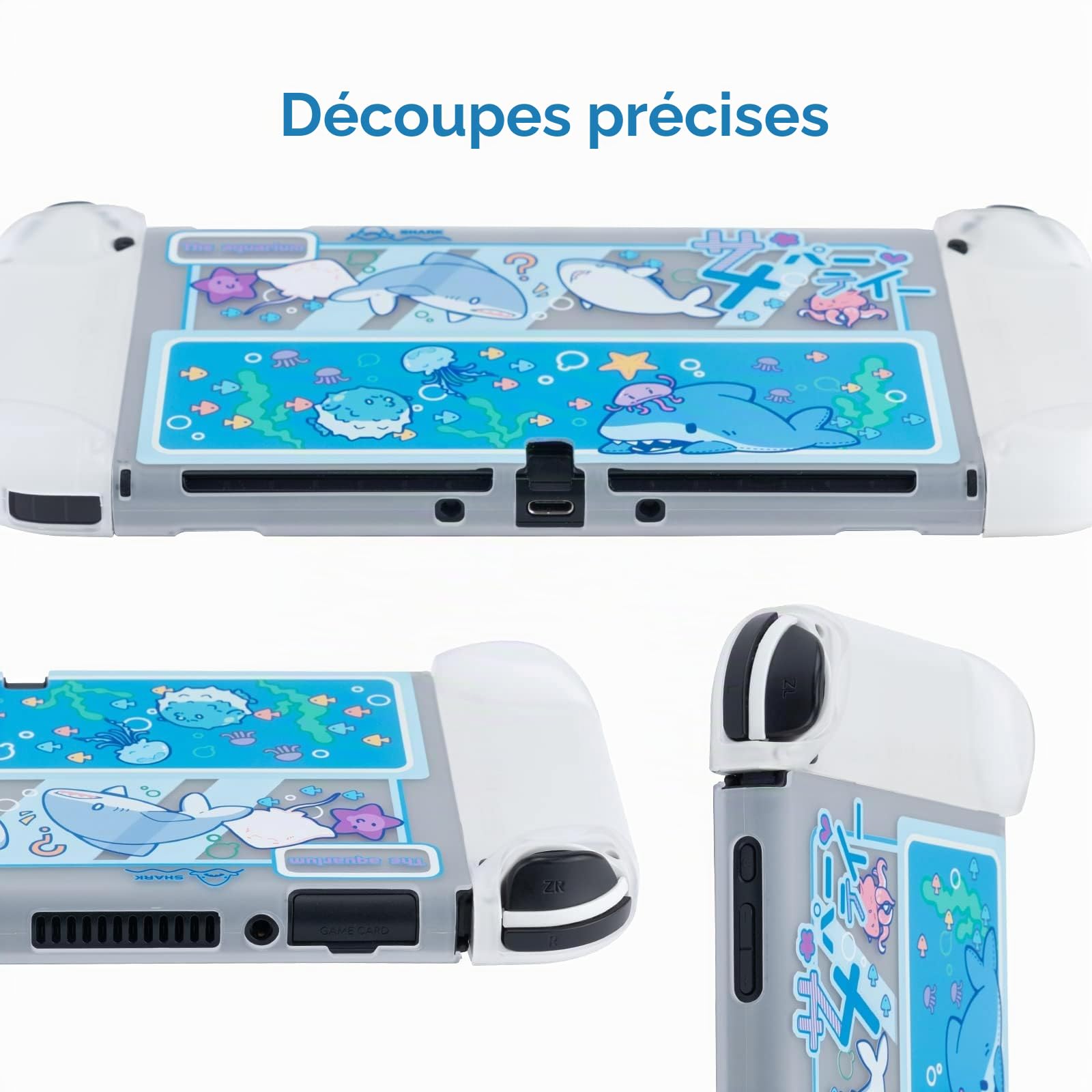 GeekShare Coque de Protection Fine Compatible avec Console Switch OLED et Joy Con, Absorption des Chocs et Anti-Rayures pour Switch OLED 2021 - Shark Party (Transparent)