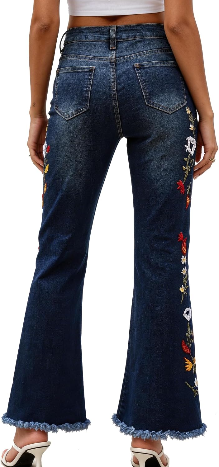 Grosy Boho Floral Embroidered Mom Jeans for Women Plus Size High Waisted Bell Bottom Bohemian Denim Pants Flare Jeans