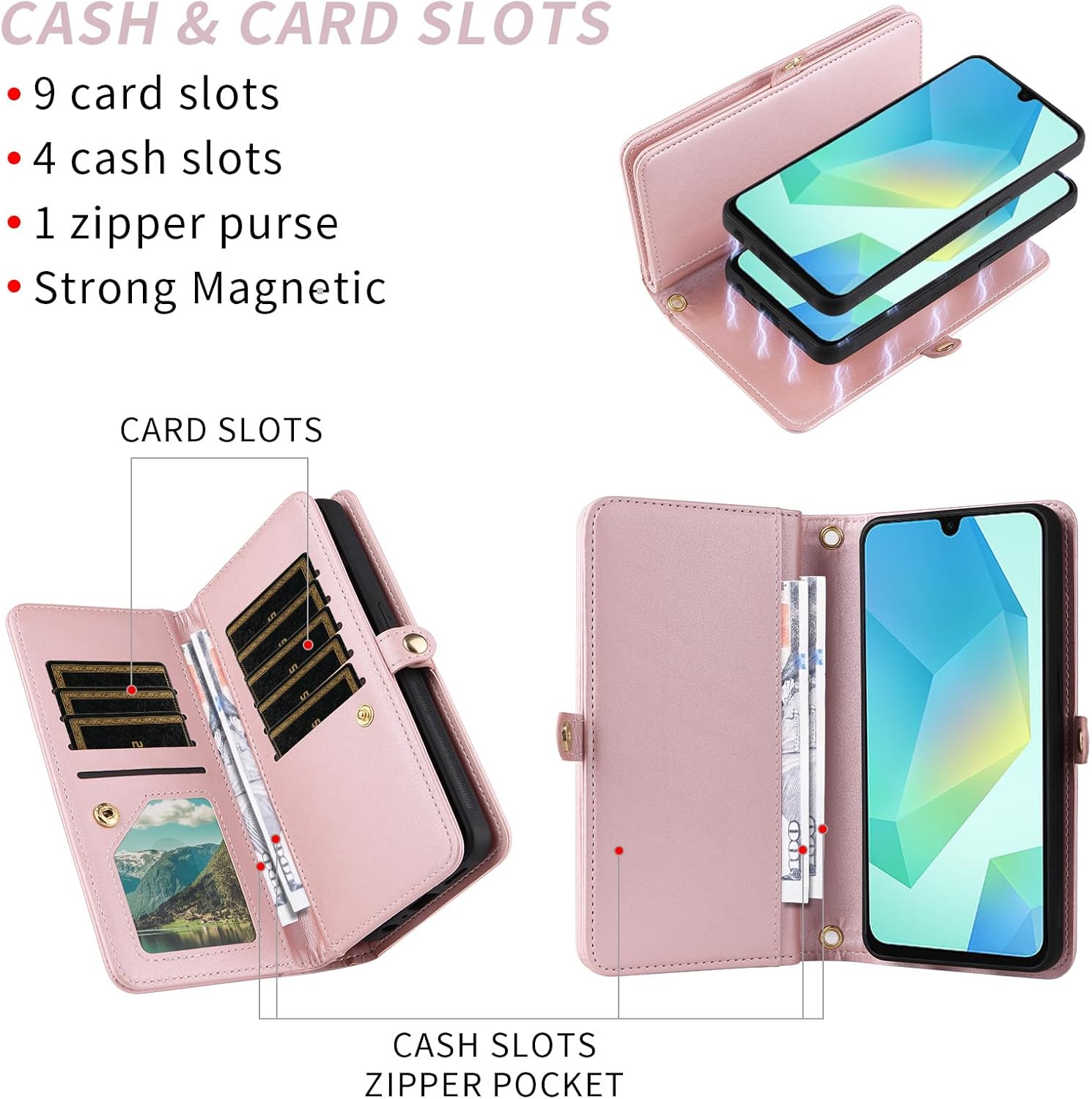 Asuwish Phone Case for Samsung Galaxy A16 5G/4G Zipper Wallet Cell Cover with Tempered Glass Screen Protector Crossbody Lanyard Strap Bling Glitter Flip Card Holder Slot A 16 16A SM-A166U Women Pink