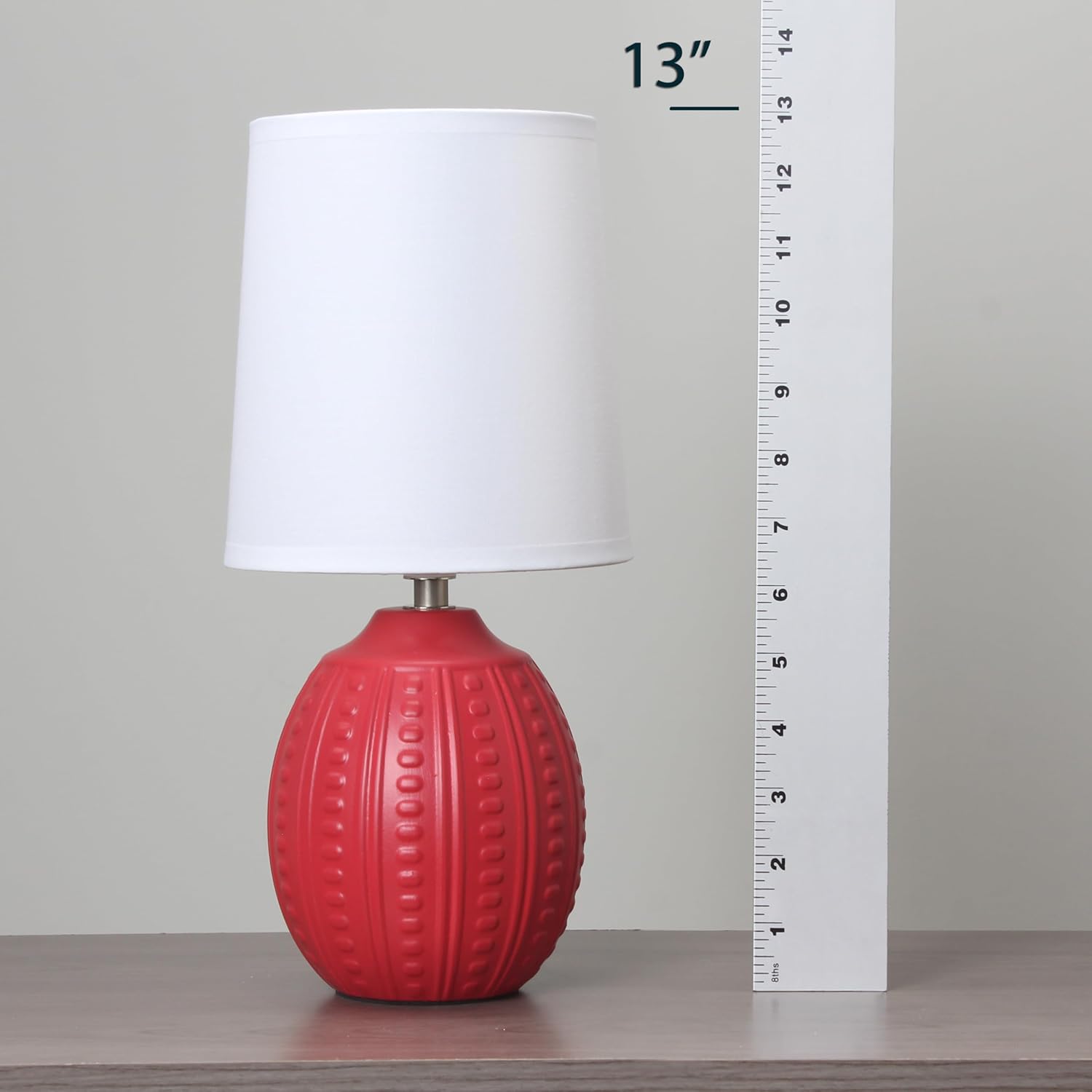Simple Designs LT1163-RED 12.5" Chic Glow Mini Textured Oval Table Lamp, for Bedroom, Office, Living Room, Stylish Spaces, Dorm, White Fabric Shade,Red