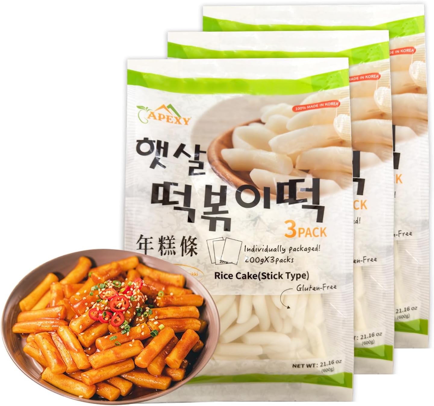 Korean Rice Cakes for Tteokbokki, Authentic Chewy Korean Rice Cake Sticks, Gluten Free, Vegan, Non-GMO Topokki Rice Cakes for Asian Cooking & Spicy Rice Cake Recipes, 21.16 oz Pack of 3