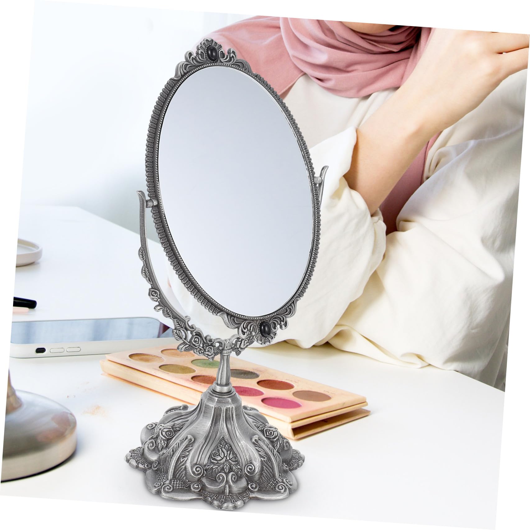 PACKOVE Vintage Schminkspiegel aus Zinklegierung, Doppelseitig, Drehbar | Silber, Flacher Standfuß, Europäischer Stil, für Hochzeits und Make Up Anwendung