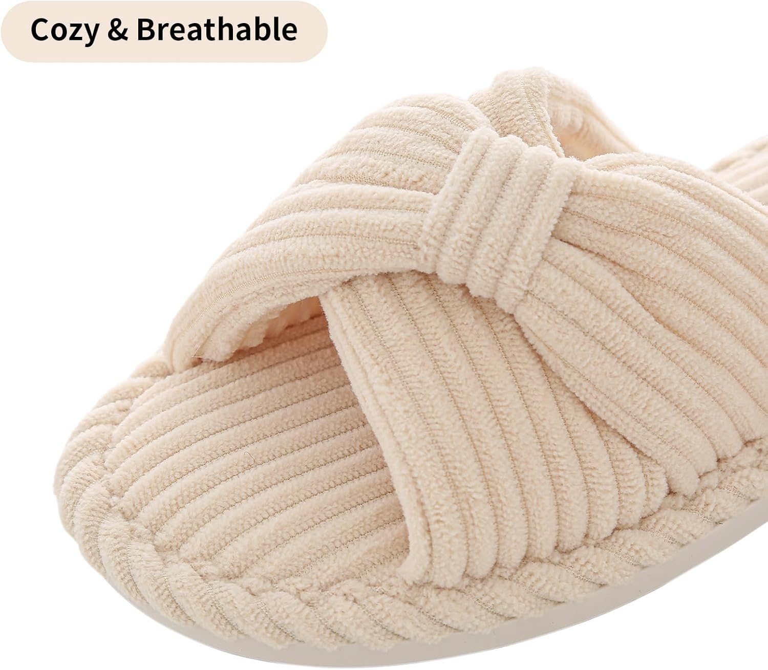 Cross Band Slippers For Women Indoor Corduroy Bow Open Toe Slippers Memory Foam Outdoor Shoes - Image 4
